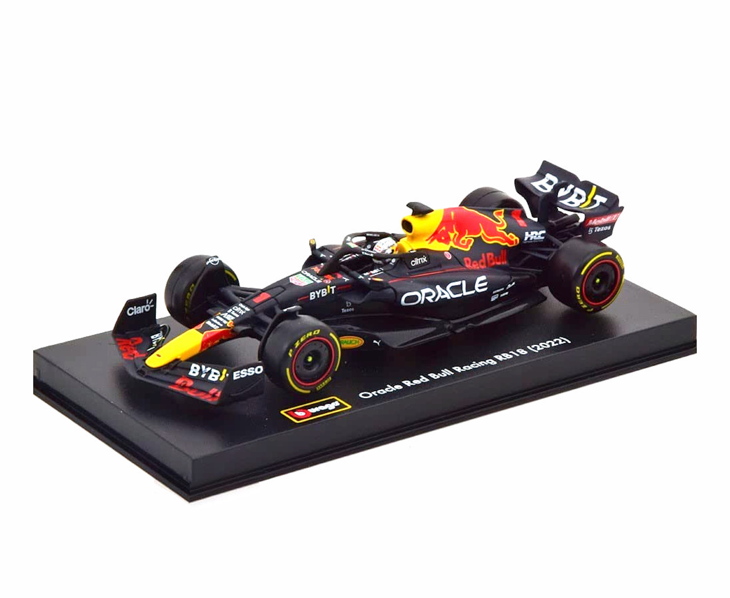 Model bolidu Formuły 1 na czarnej podstawie. To Red Bull Racing RB18 (2022).