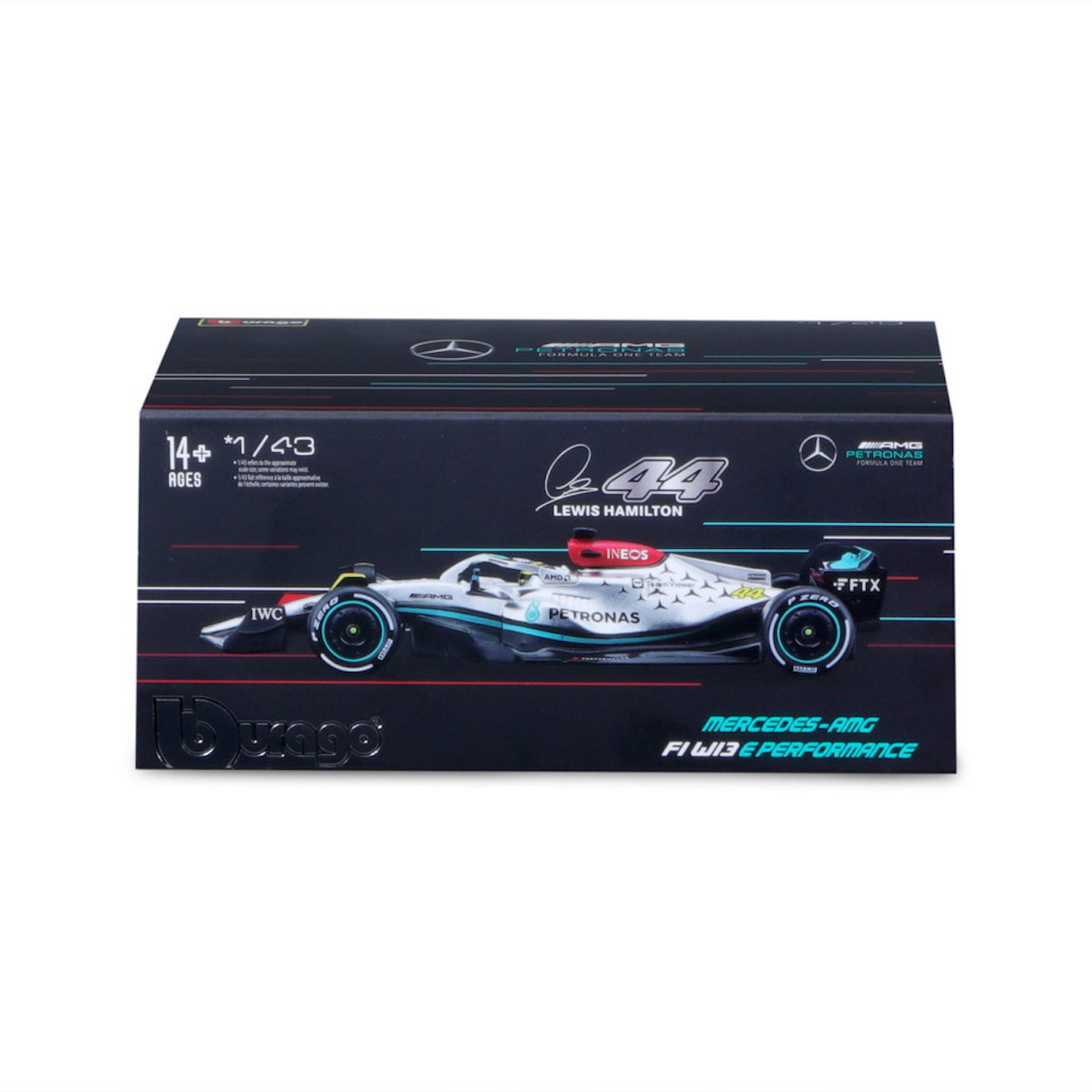 Model samochodu Formuły 1 w pudełku. To samochód Mercedes-AMG Petronas z Lewisem Hamiltonem.
