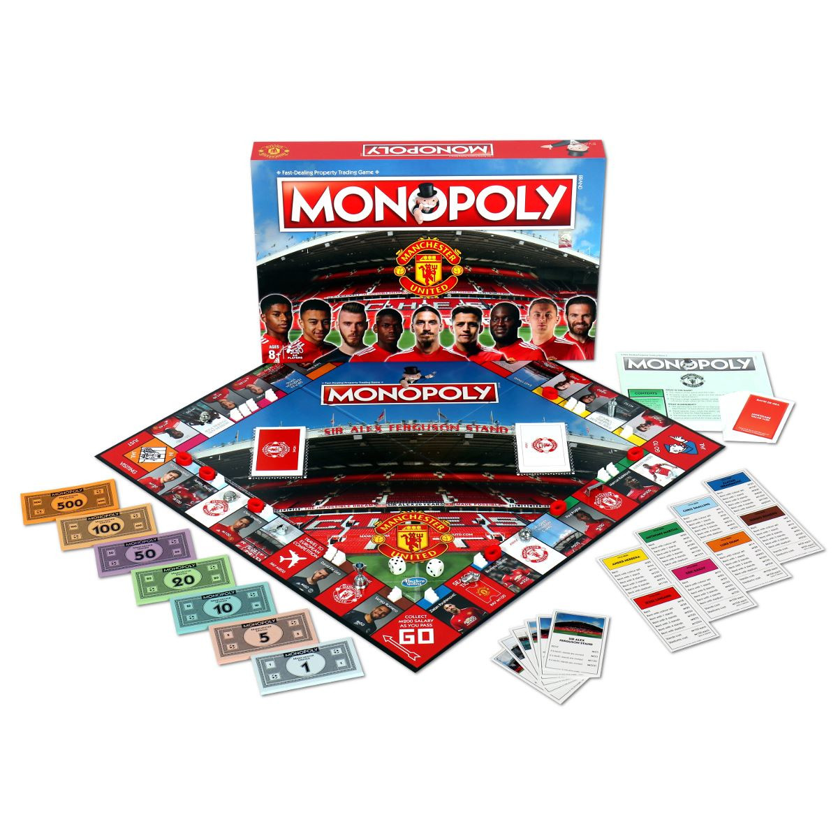 Monopoly-Brettspiel-Set mit Schachtel, Spielbrett, Geld, Karten und Spielfiguren auf weißem Hintergrund.