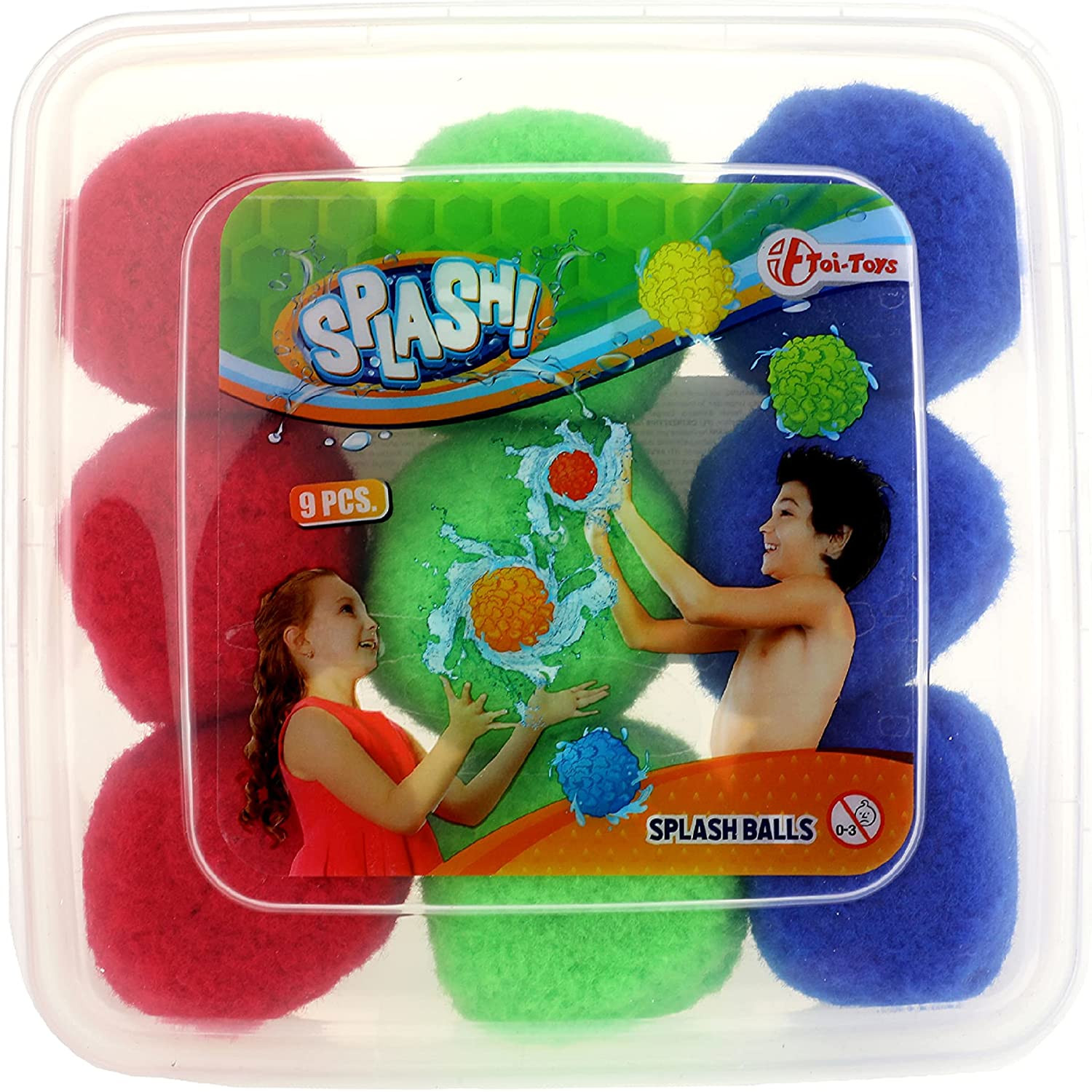 Kinder spielen mit bunten Splash-Bällen in einer Plastikbox. Rote, grüne und blaue Bälle sind sichtbar.
