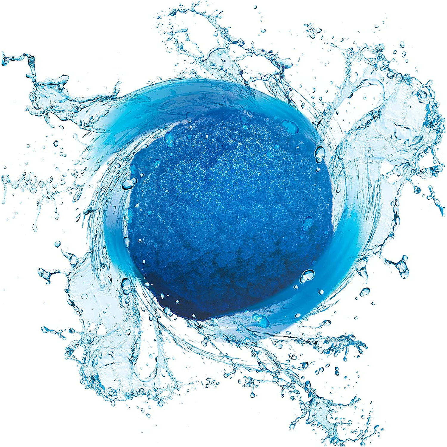 Blaue Kugel unter Wasser mit Wasserspritzern. Weißer Hintergrund.