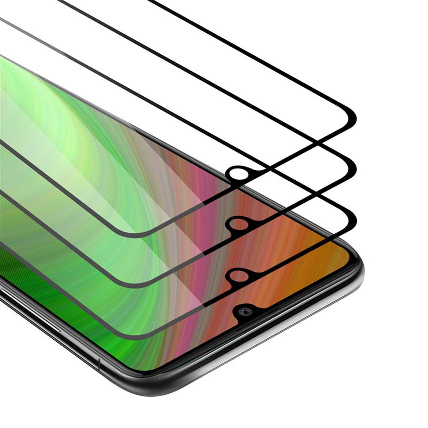 Vengono mostrate tre protezioni per lo schermo di un telefono, con un primo piano della protezione superiore.