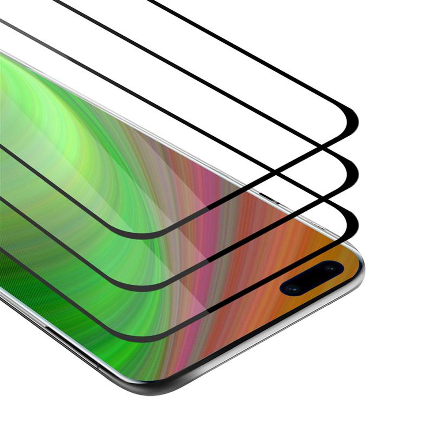 Tre protezioni per lo schermo impilate su uno schermo del telefono, che mostrano il display del telefono.