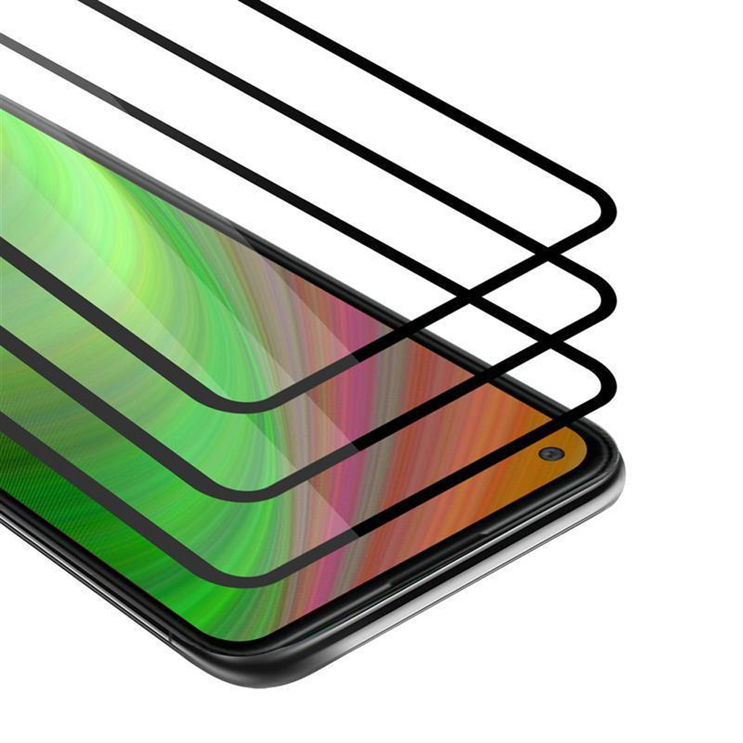 Uno schermo del telefono con un protettore applicato. Lo schermo mostra un'immagine colorata.