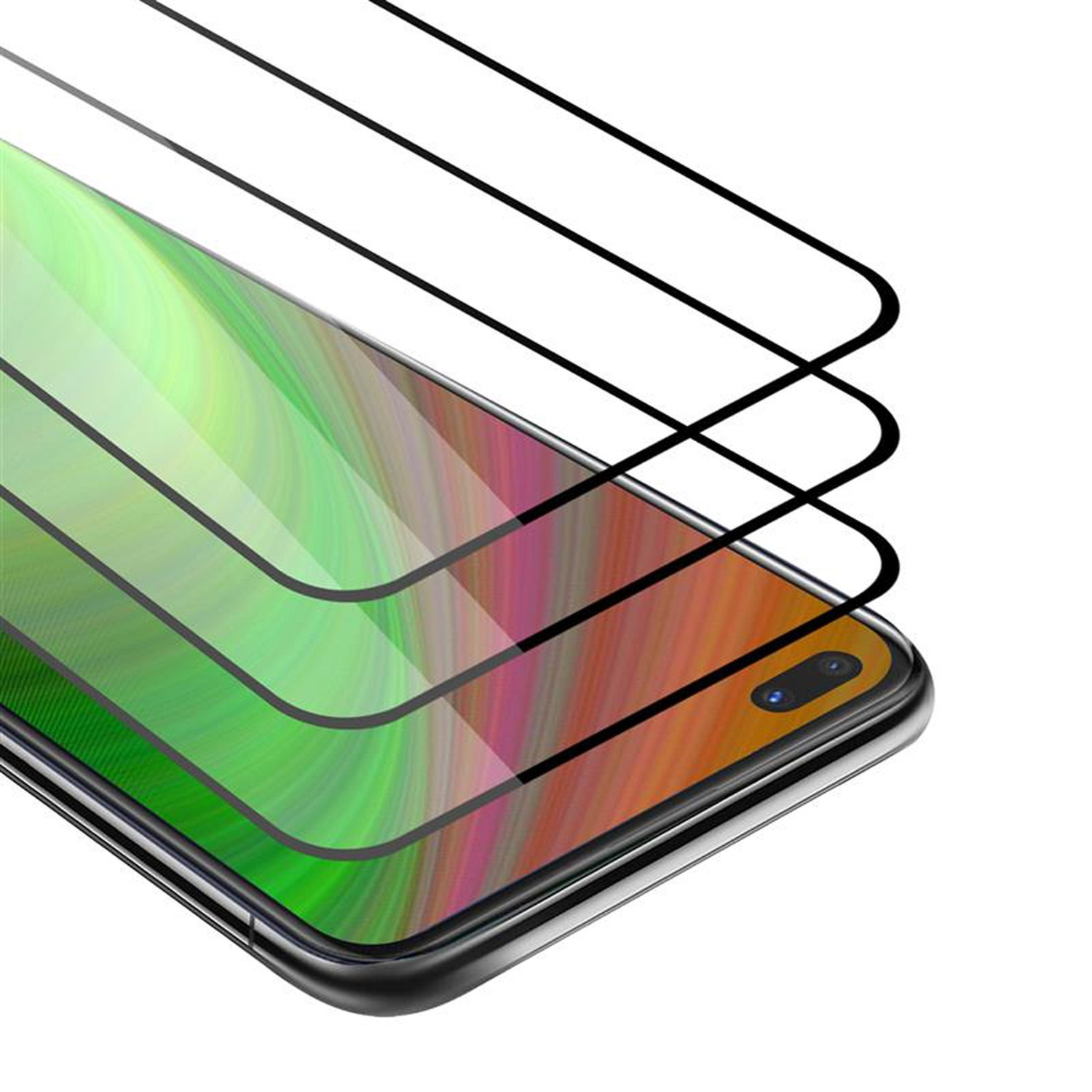 Tre protezioni schermo per smartphone impilate. Sono trasparenti e hanno bordi curvi.