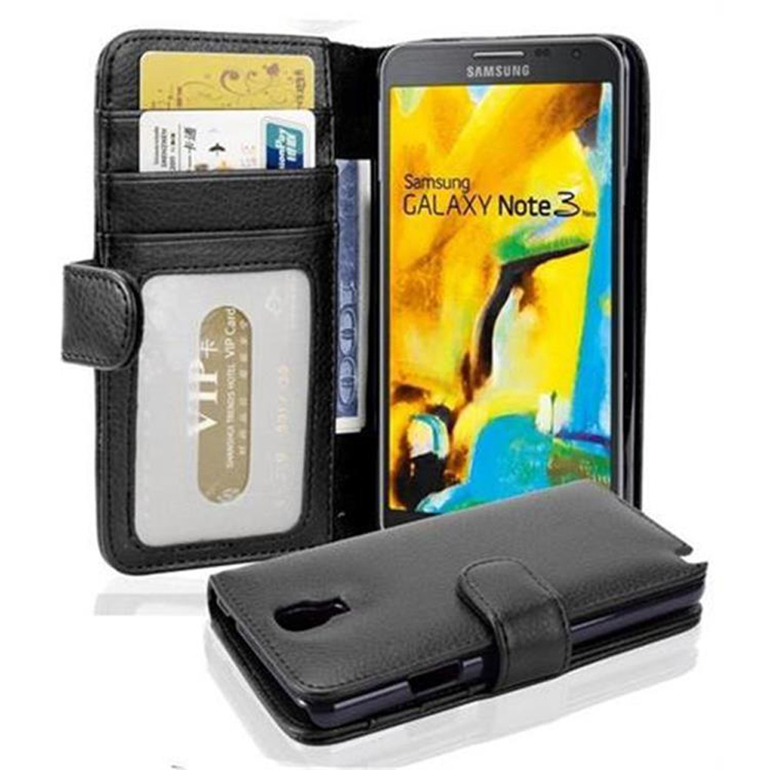Téléphone noir dans un étui portefeuille noir avec des fentes pour cartes, téléphone partiellement visible.