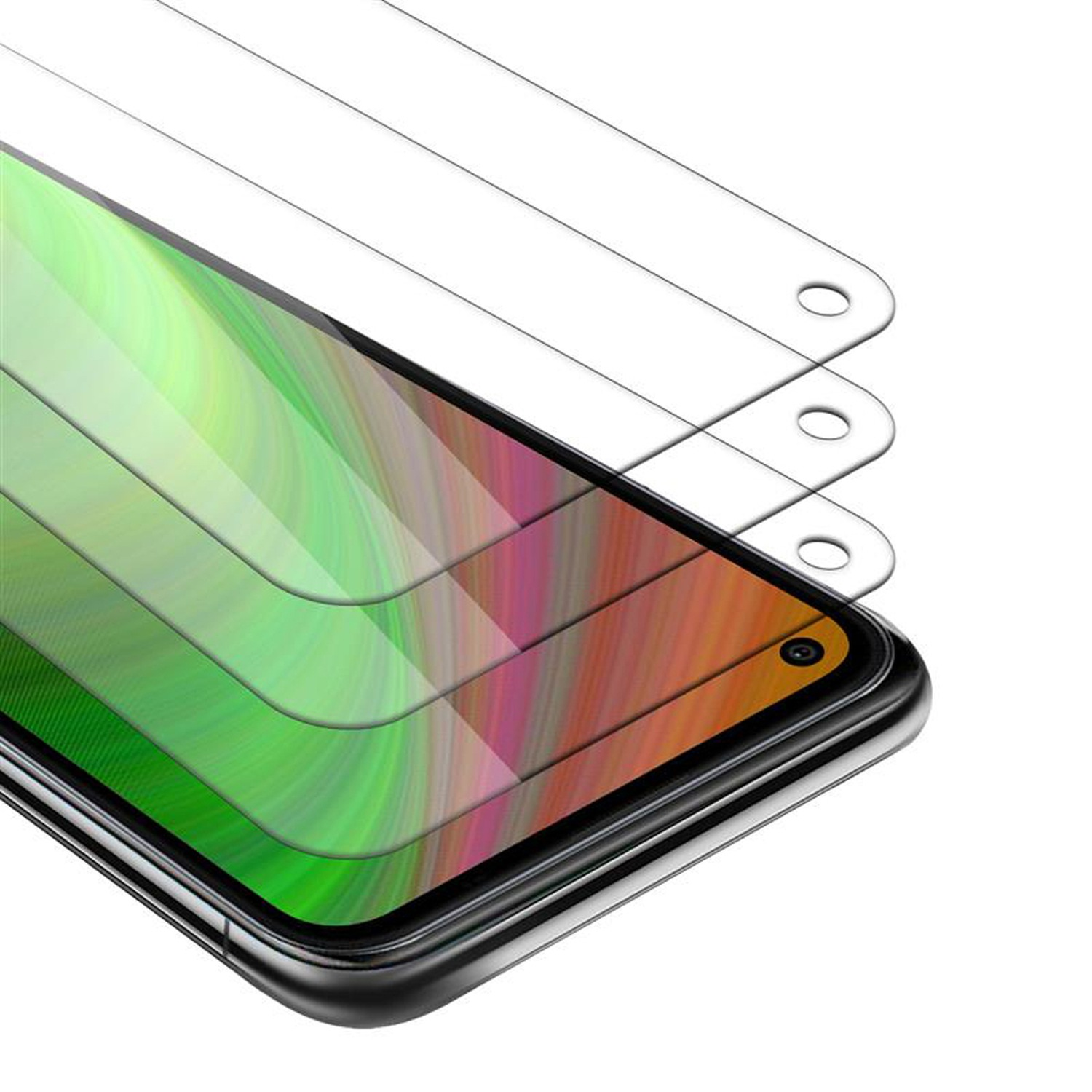 Smartphone con protezioni per lo schermo. Il telefono è nero e le protezioni sono trasparenti. Sfondo bianco.
