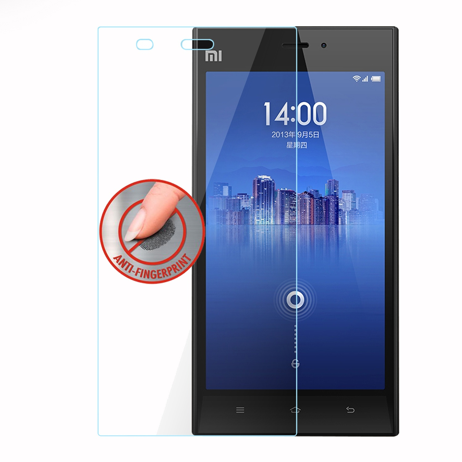 Smartphone con protezione schermo applicata, un dito tocca lo schermo.