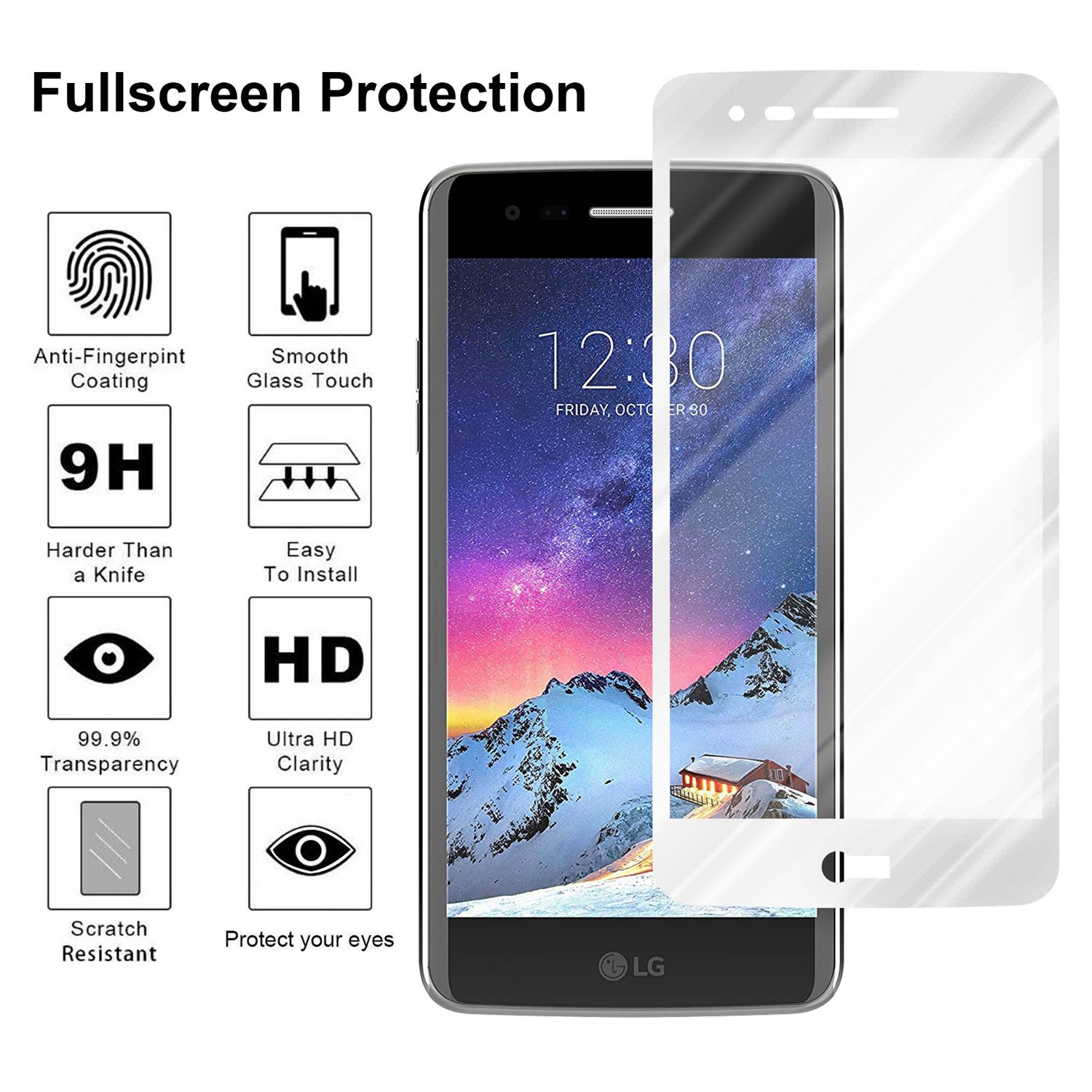 Smartphone con protector de pantalla. Iconos y texto. Fondo blanco.