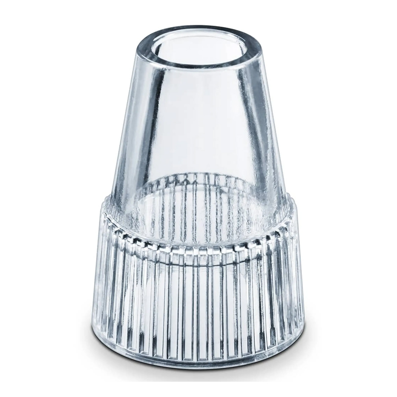 Un dispositivo in plastica trasparente a forma di cono con scanalature verticali.