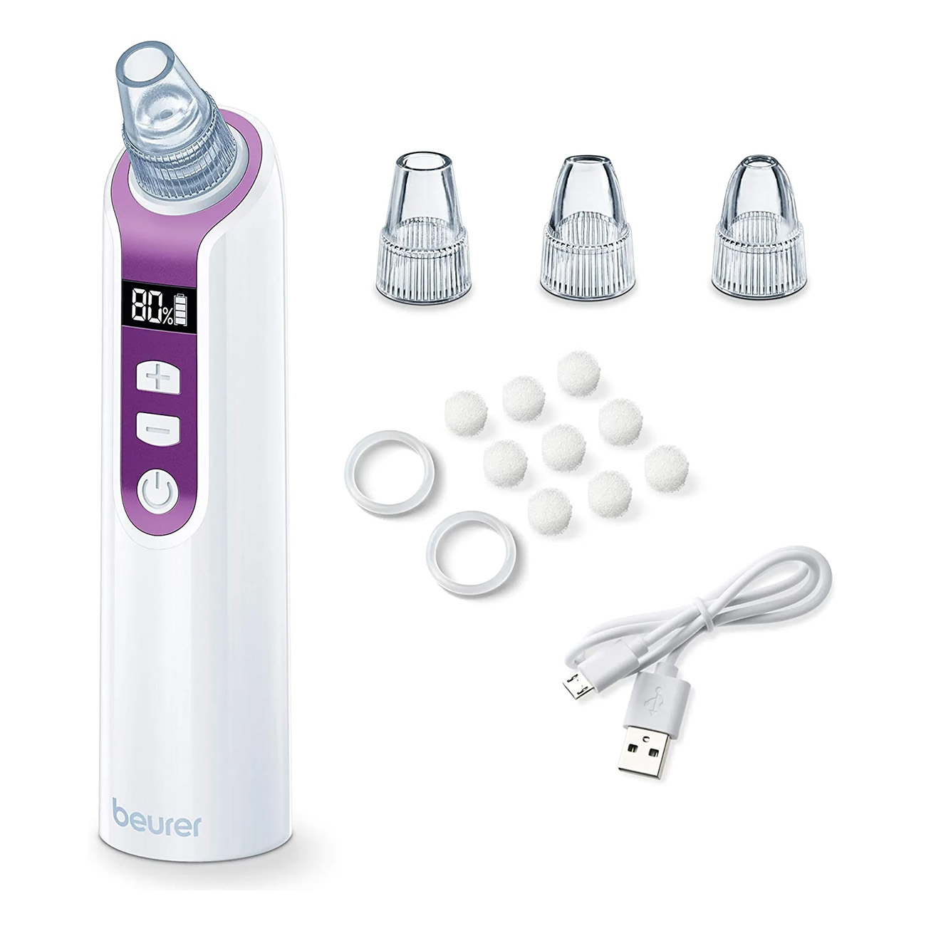 Pulitore per pori facciali bianco e viola con accessori. Il pulitore è su una superficie bianca.