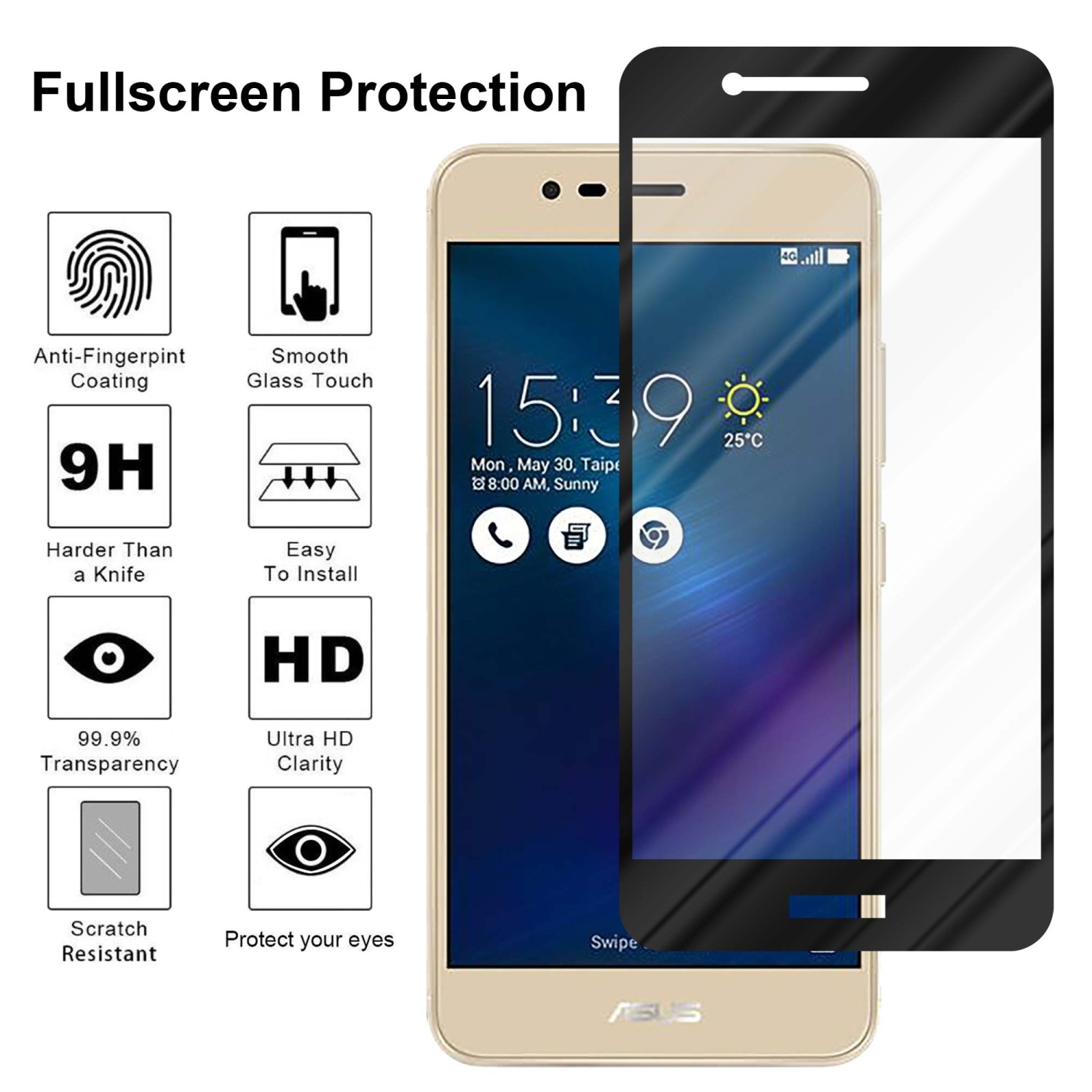 Telefono con protezione schermo e accessori con testo sulla protezione.
