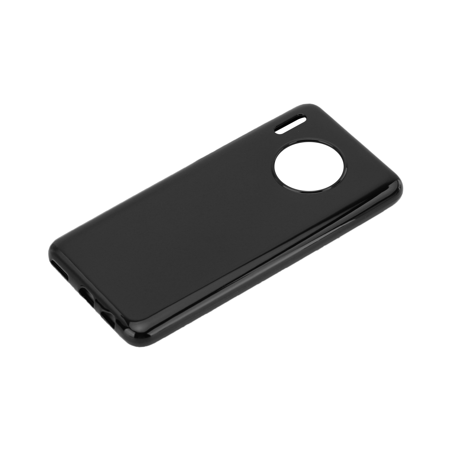Eine schwarze Handyhülle ohne Bildschirm. Die Hülle ist glänzend.