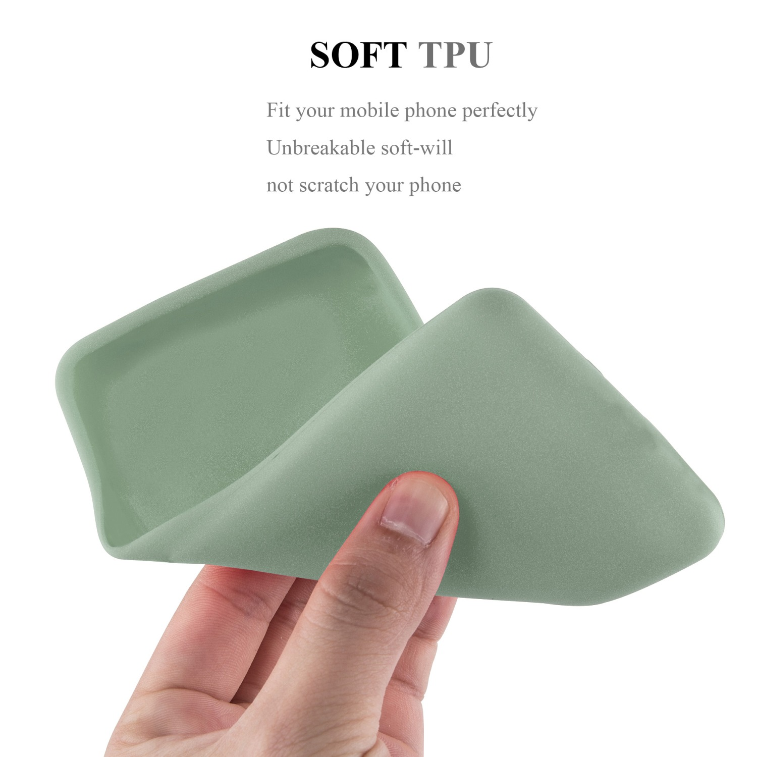 Una mano che tiene una custodia per telefono verde e flessibile. Il testo recita 'SOFT TPU'.