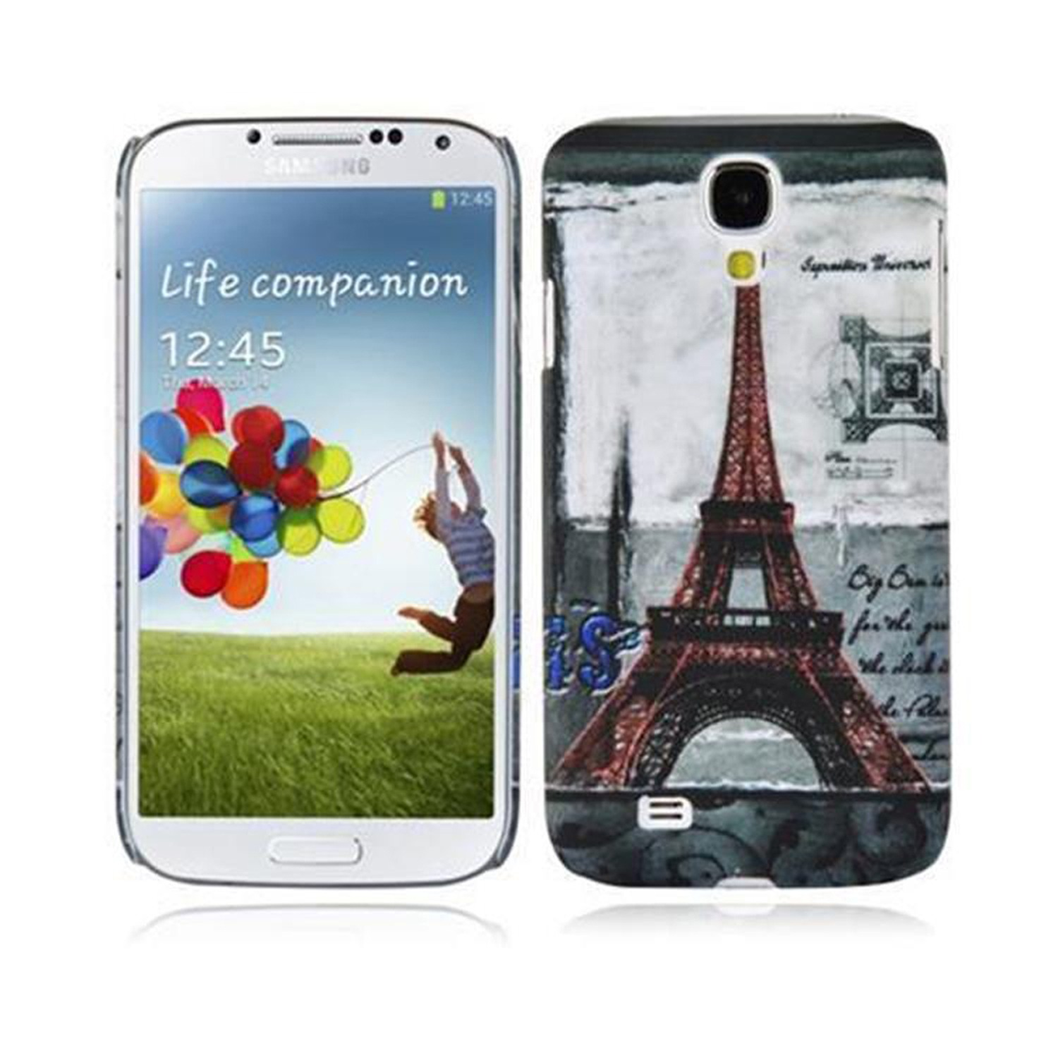 Telefon mit Eiffelturm-Hülle und bunten Ballons.