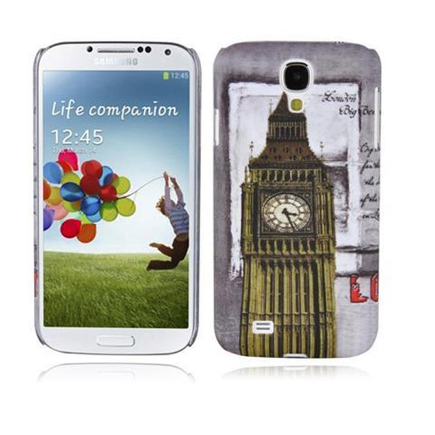 Weißes Smartphone mit bunten Ballons auf dem Bildschirm. Die Hülle zeigt Big Ben.