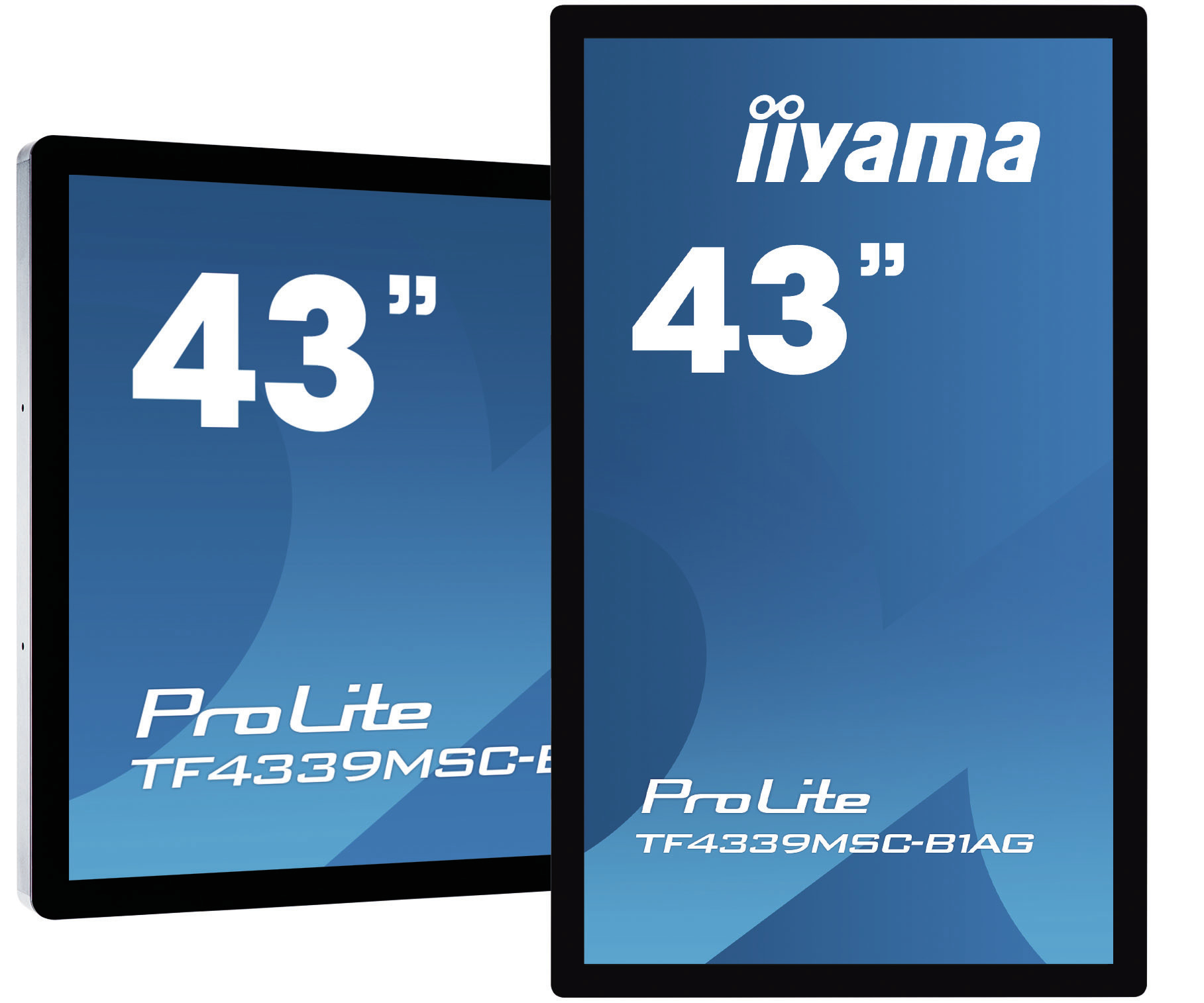 Dos monitores de pantalla digital, 43 pulgadas, con fondo azul y nombre de la marca.