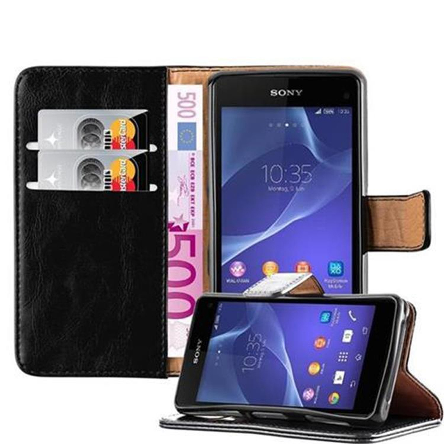 Smartphone in schwarzer Brieftasche, mit Bargeld und Karten. Ein weiteres Telefon liegt daneben.