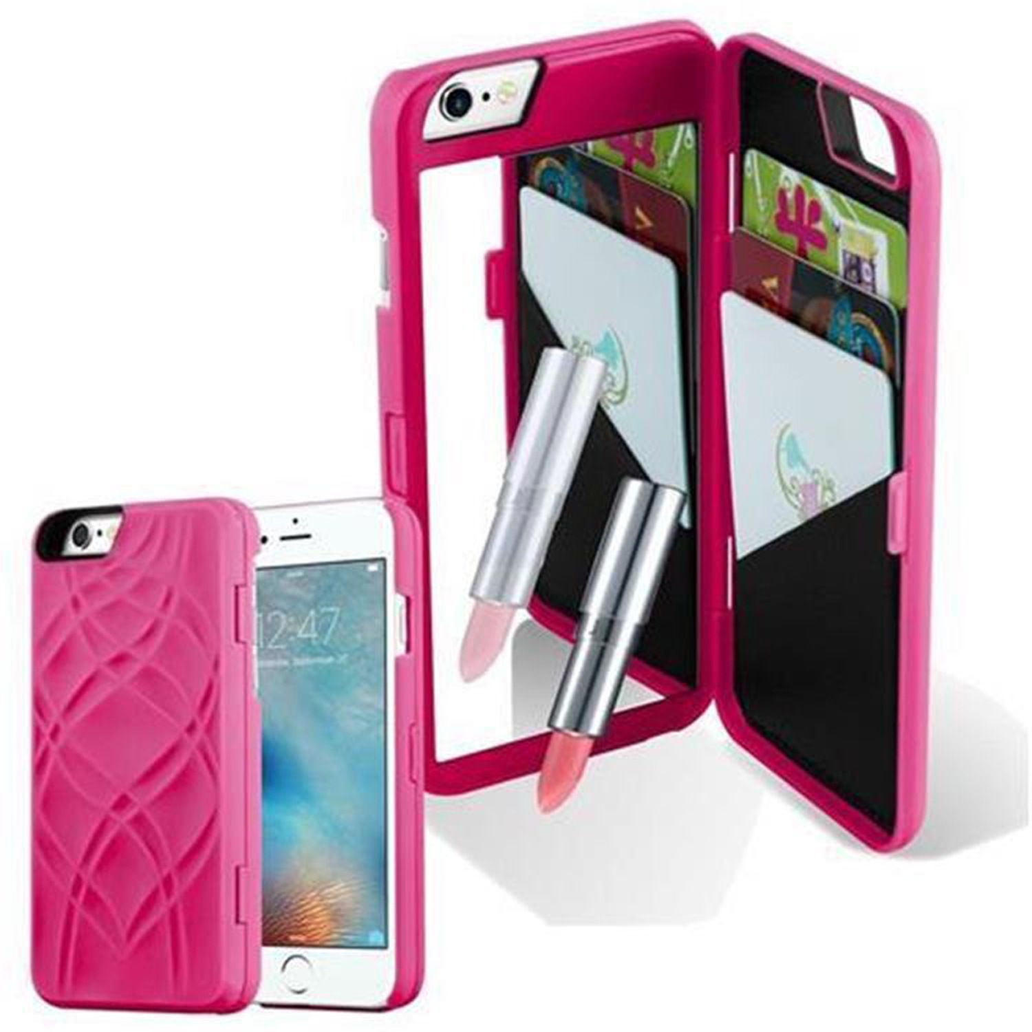 Custodia rosa per telefono con specchio, carte, rossetti e telefono. Due rossetti e carte visibili.