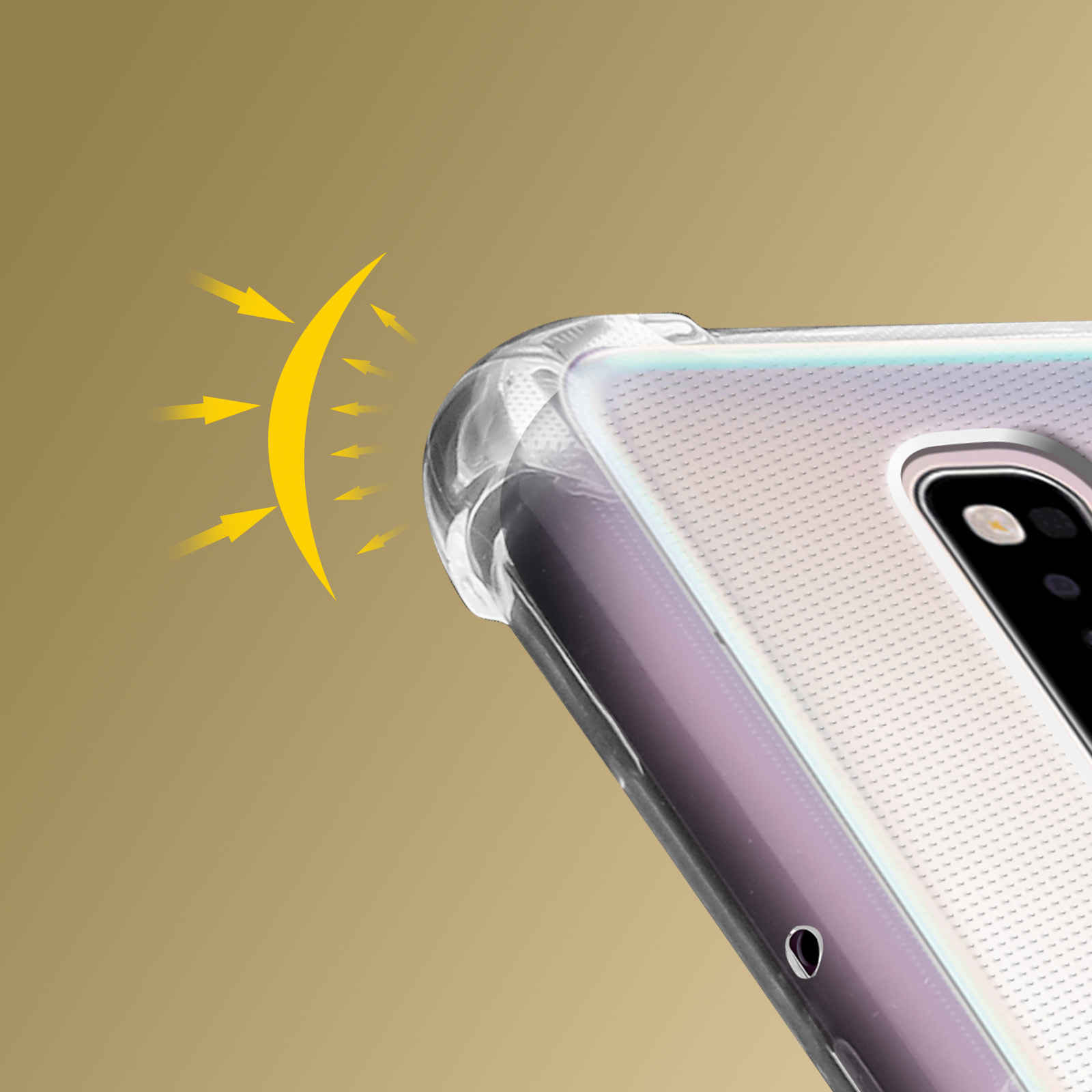 Primo piano di una custodia per telefono. La custodia è trasparente ed è accanto a un telefono.