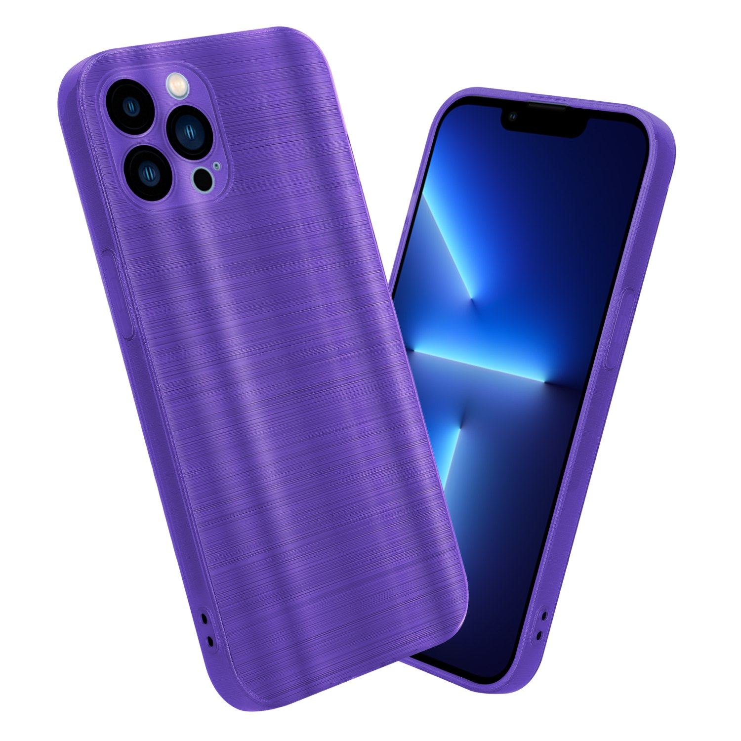 Eine lila Handyhülle und ein Telefon. Die Hülle ist links und ein Telefon rechts.