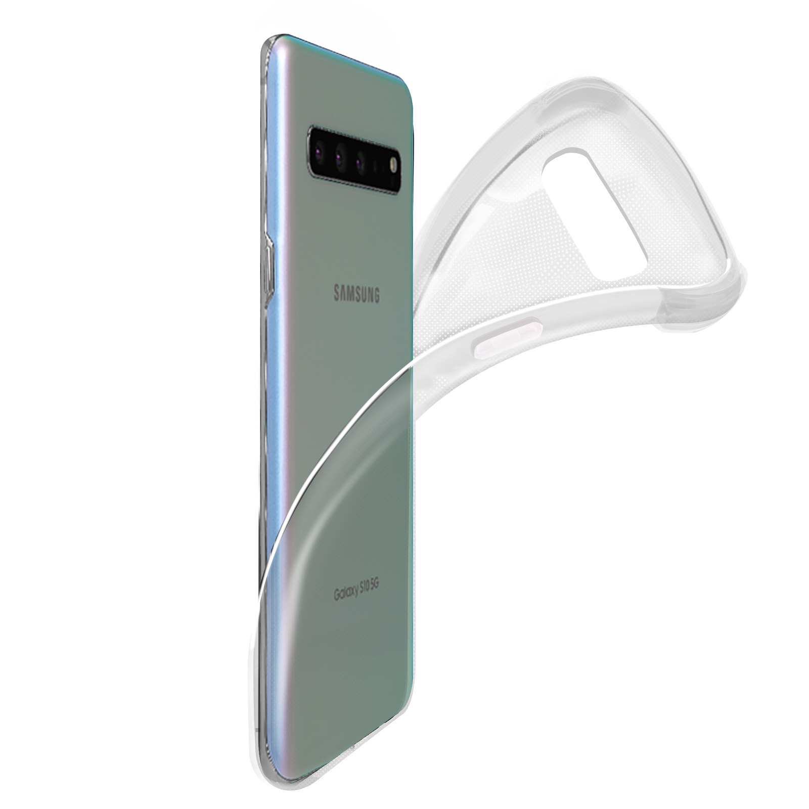 Custodia trasparente sopra un telefono. Il telefono è argentato con una fotocamera multi-obiettivo.