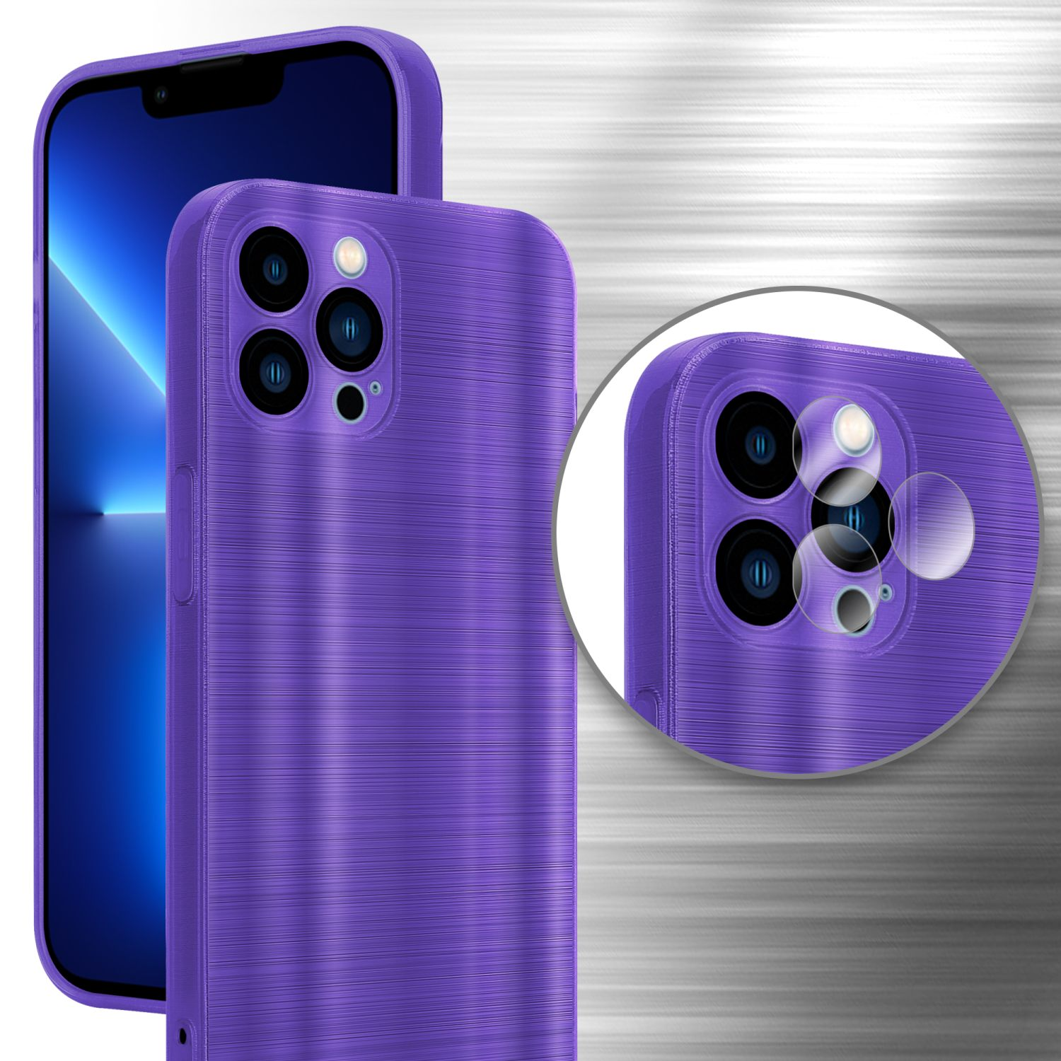 Zwei lila Handyhüllen, eine auf einem Telefon, mit Nahaufnahme der Kamera.