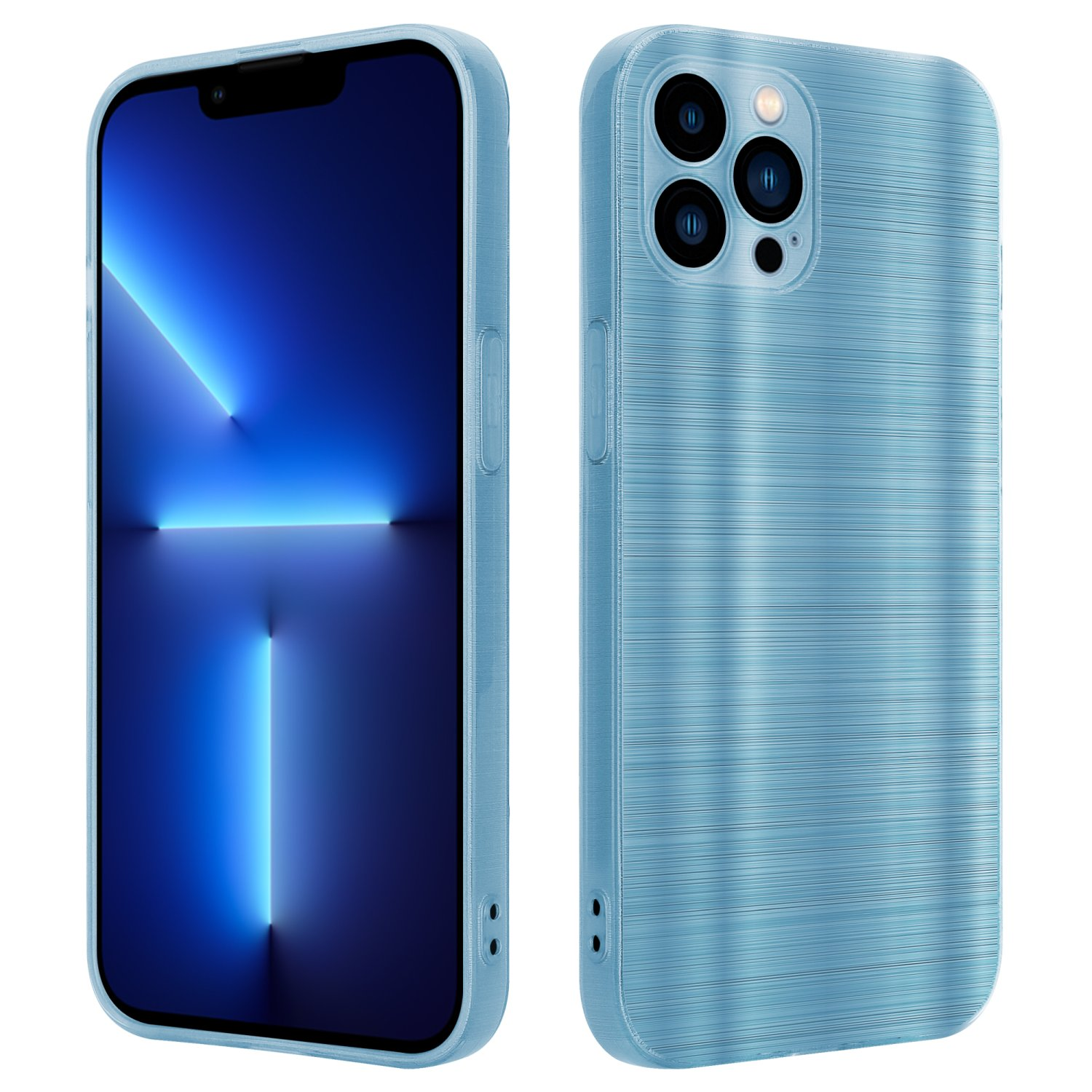Zwei hellblaue iPhone 13 Pro, Vorder- und Rückansicht, in einer hellblauen Hülle.
