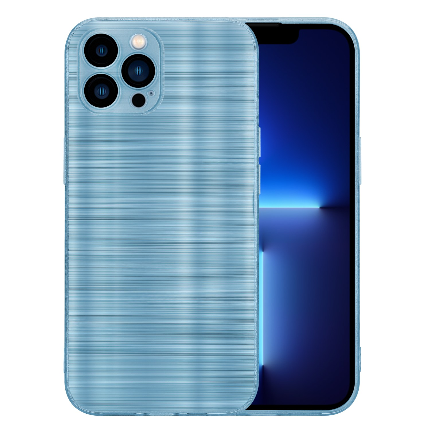 Hellblaue Handyhülle, die die Kamera zeigt. Der Telefonbildschirm zeigt eine blaue Oberfläche.