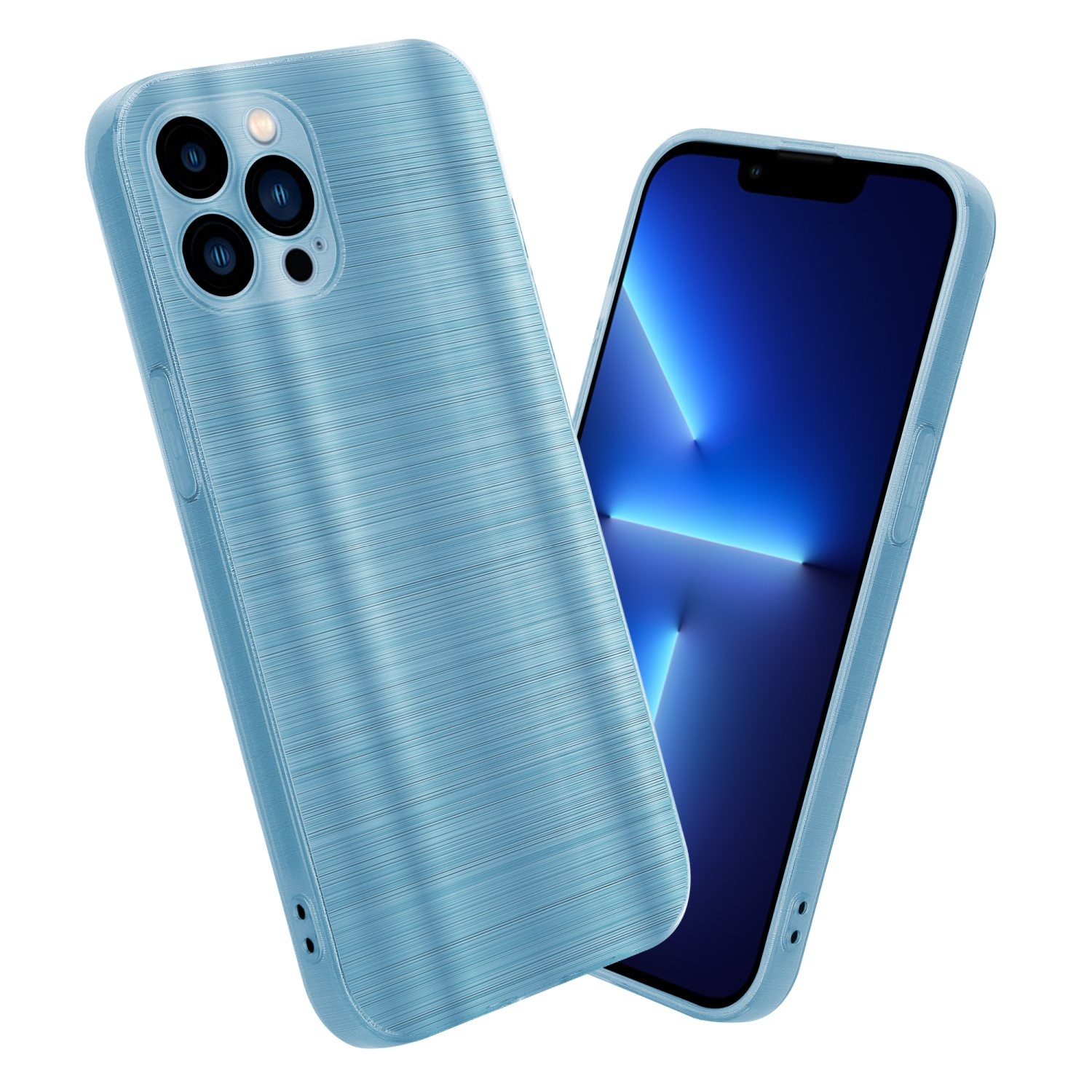 Hellblaue Handyhülle mit einem Telefon und einer Hülle, beide zeigen in die gleiche Richtung.