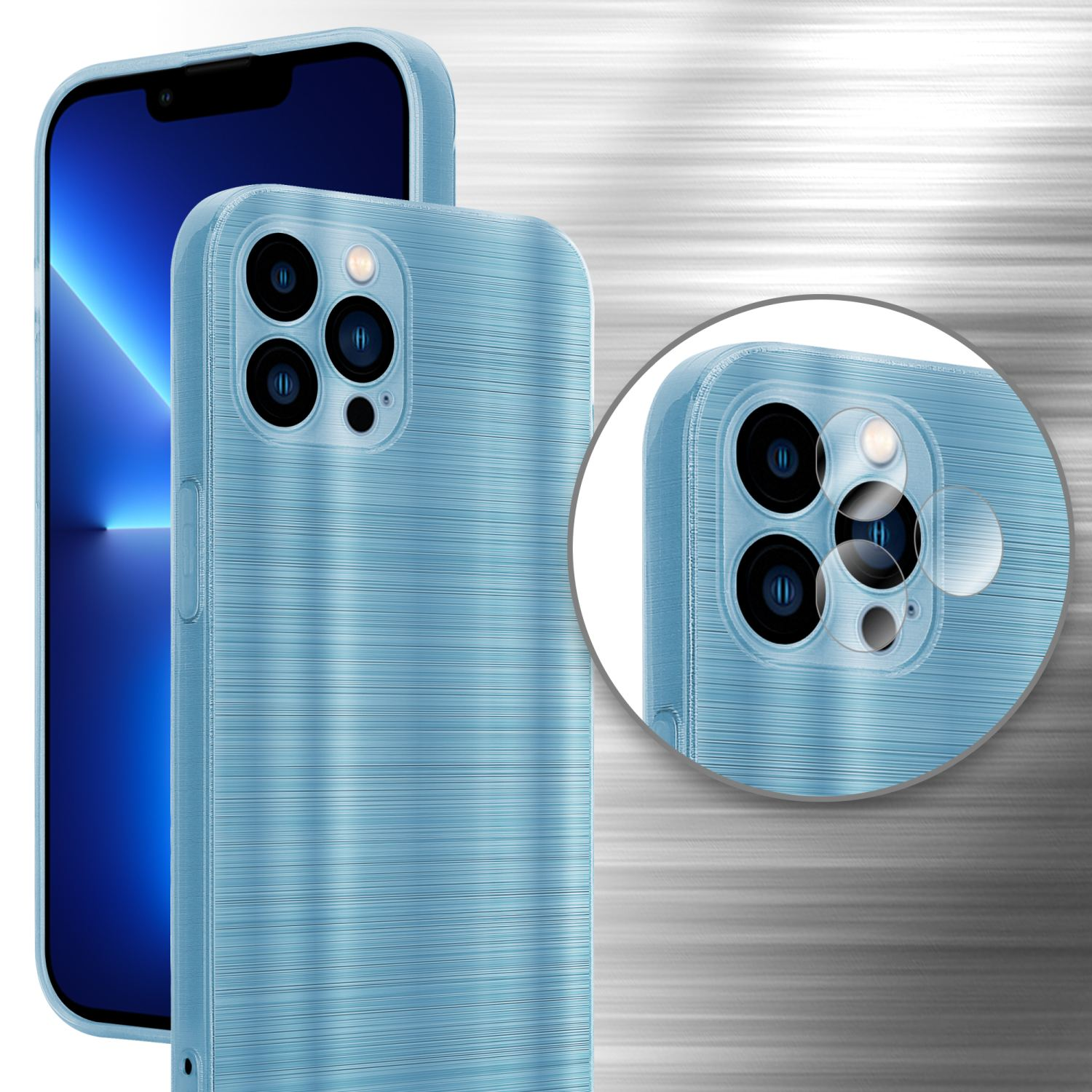 Blaues Telefon mit hellblauer Hülle. Nahaufnahme zeigt die Kameralinsen.