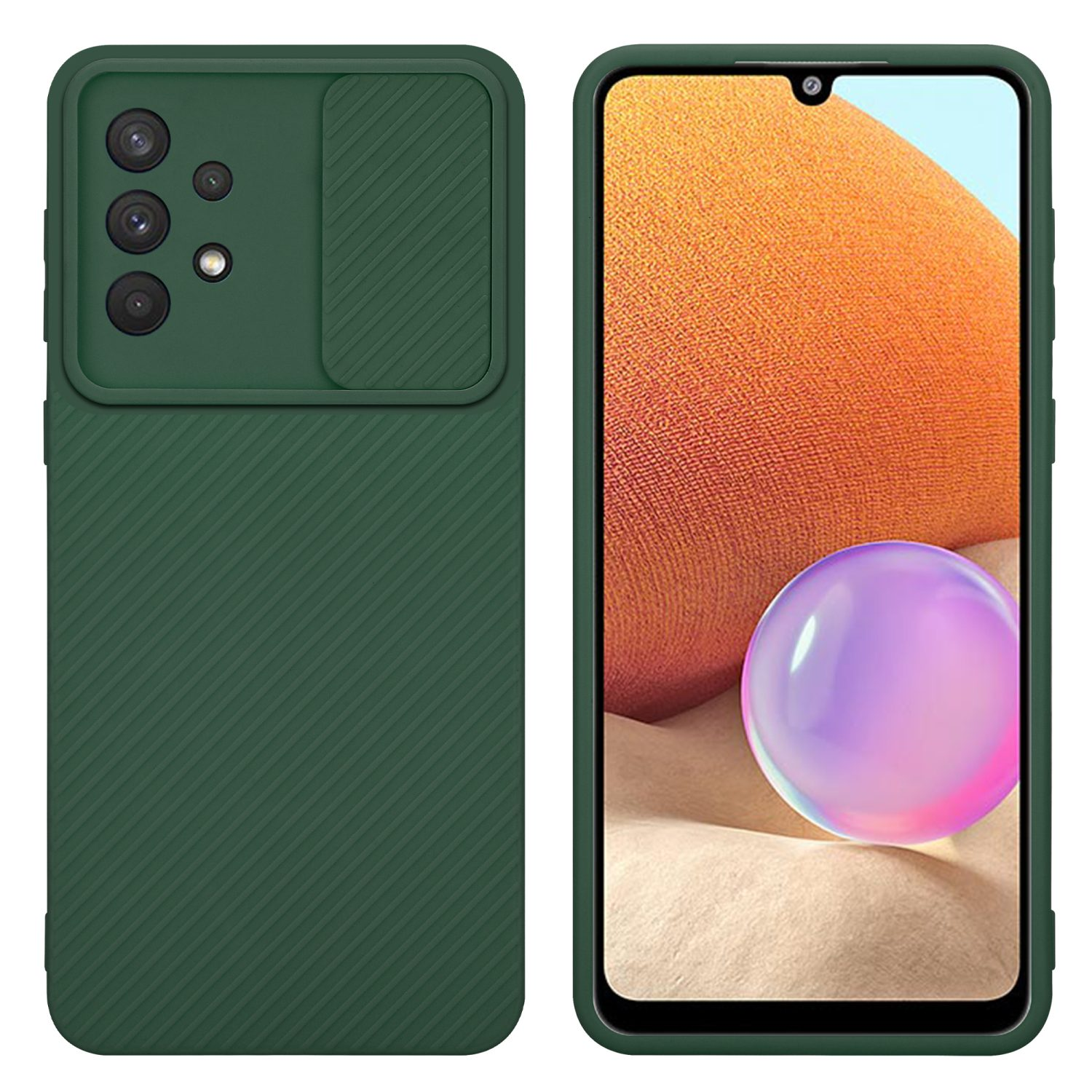 Grüne Handyhülle mit Schieber und Handy mit orangefarbenem Hintergrund.
