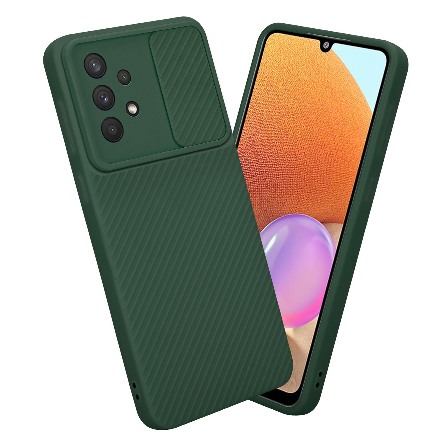 Grüne Handyhülle mit Kameraabdeckung und einem Telefonbildschirm, der ein orangefarbenes Bild zeigt.