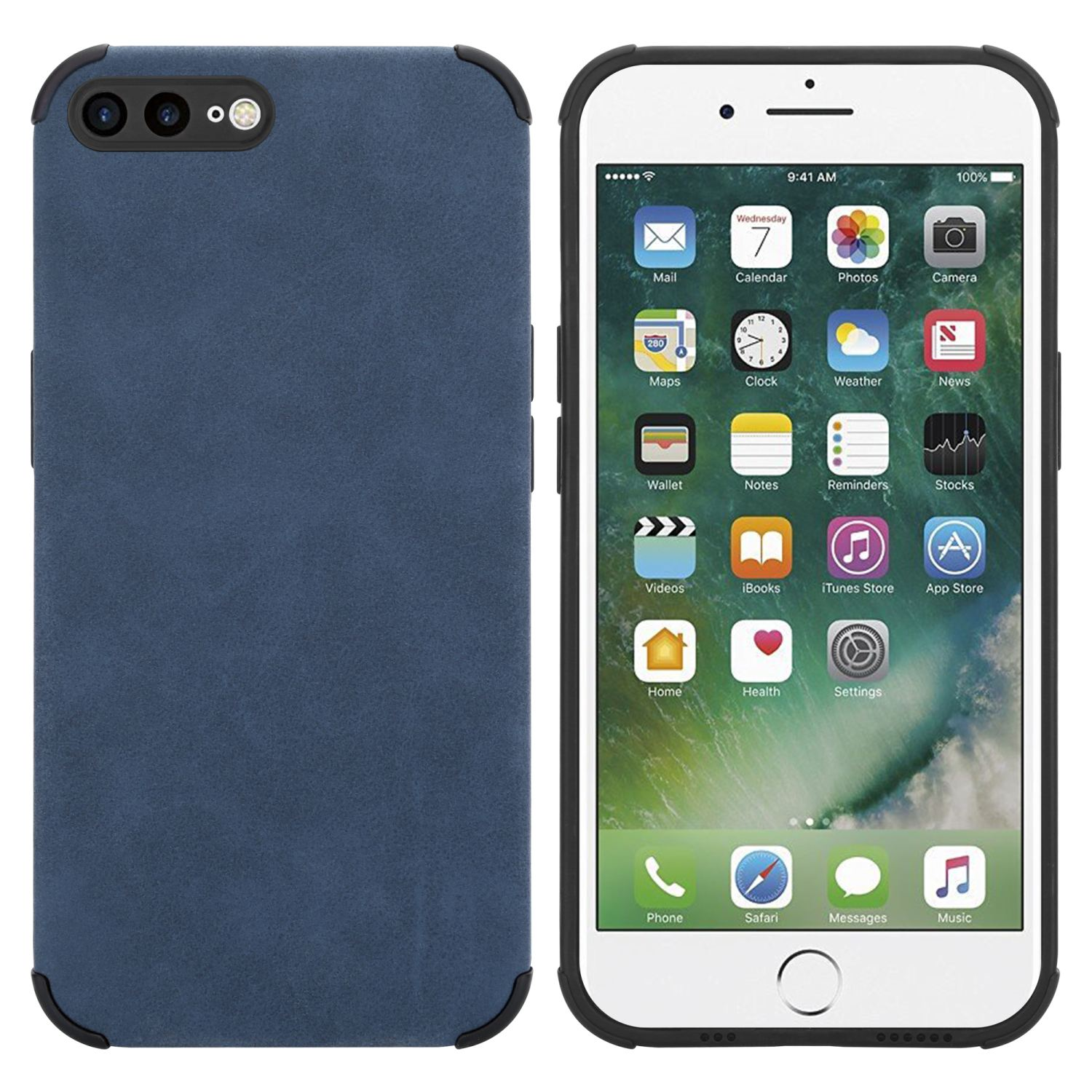 Blaue Handyhülle neben einem iPhone. Das Telefon zeigt Apps an.