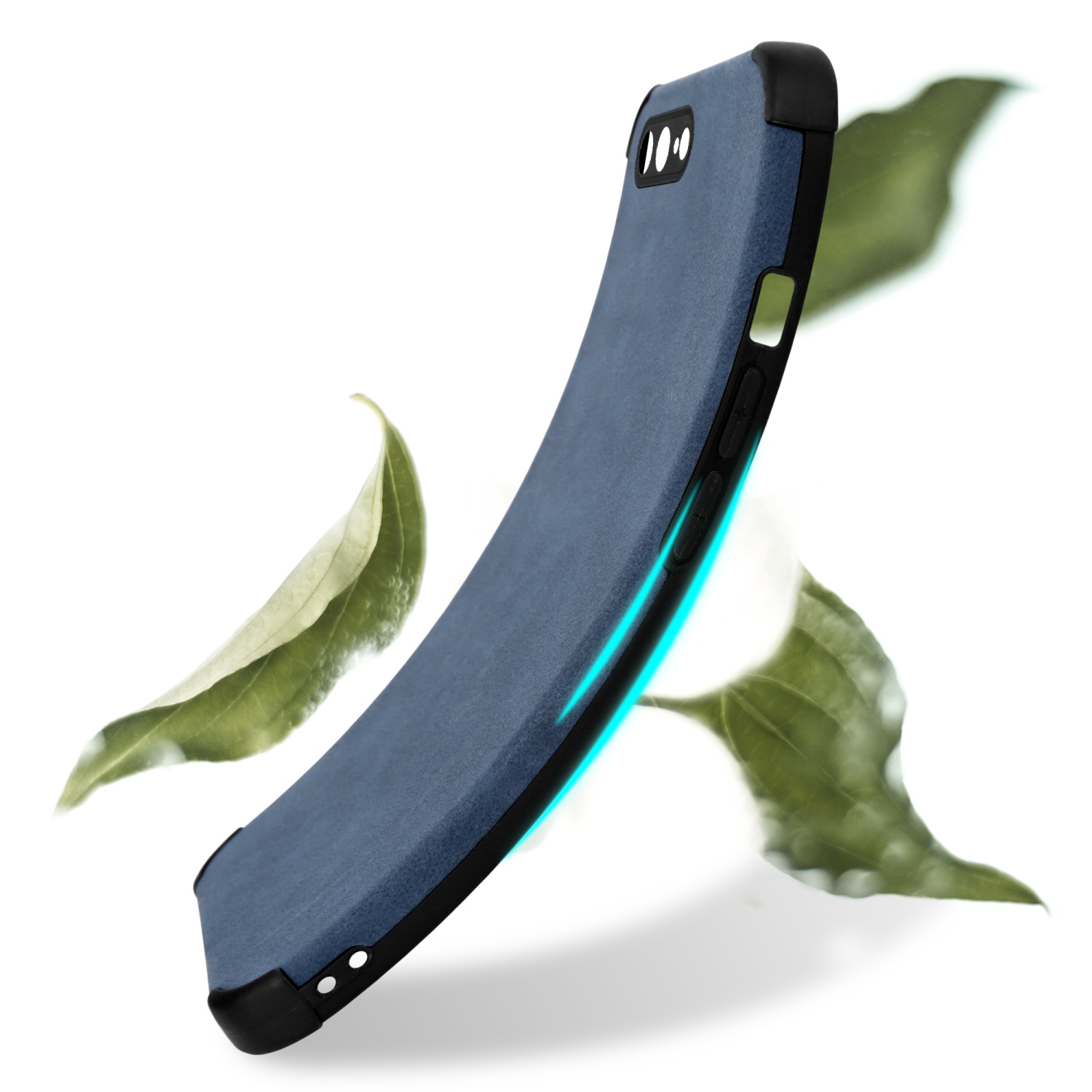 Blaue Handyhülle mit geschwungenem Design und schwarzen Akzenten. Das Telefon ist nicht sichtbar.