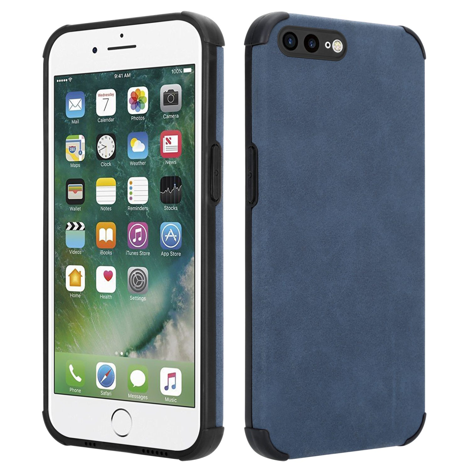 iPhone auf weißer Oberfläche, mit einer blauen Hülle an der Seite.