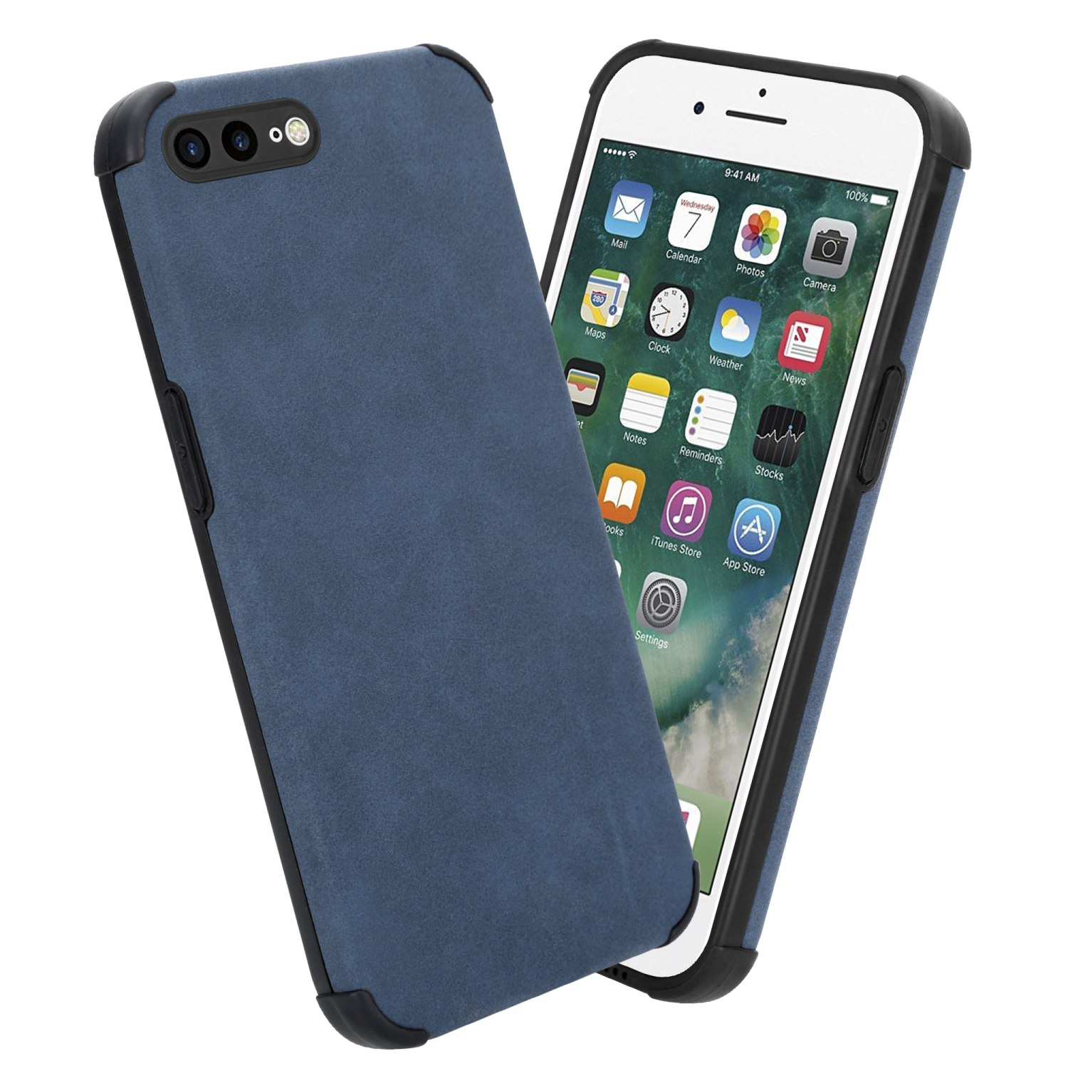 Blaues Telefon in einer Hülle, weißer Hintergrund.