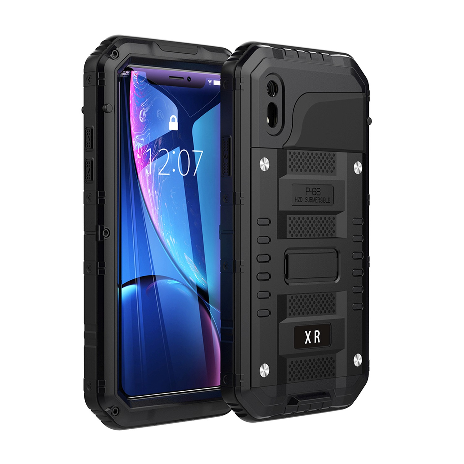 Schwarzes Telefon in robuster schwarzer Hülle. Die Hülle hat sichtbare Schrauben.