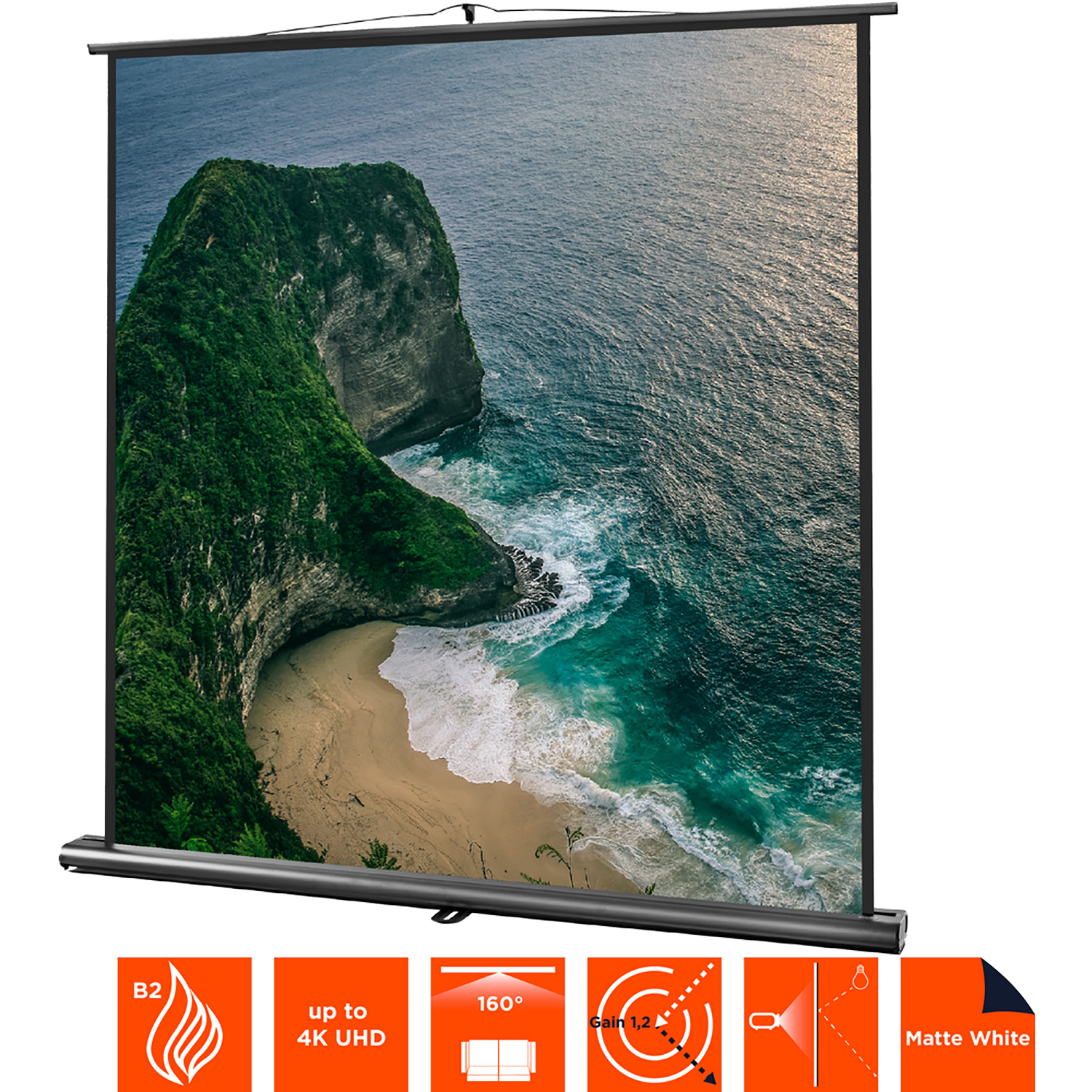 Projektorleinwand mit einer Strandszene. Schwarzes Gehäuse mit Symbolen. Matte weiße Oberfläche und 4K UHD-Unterstützung.