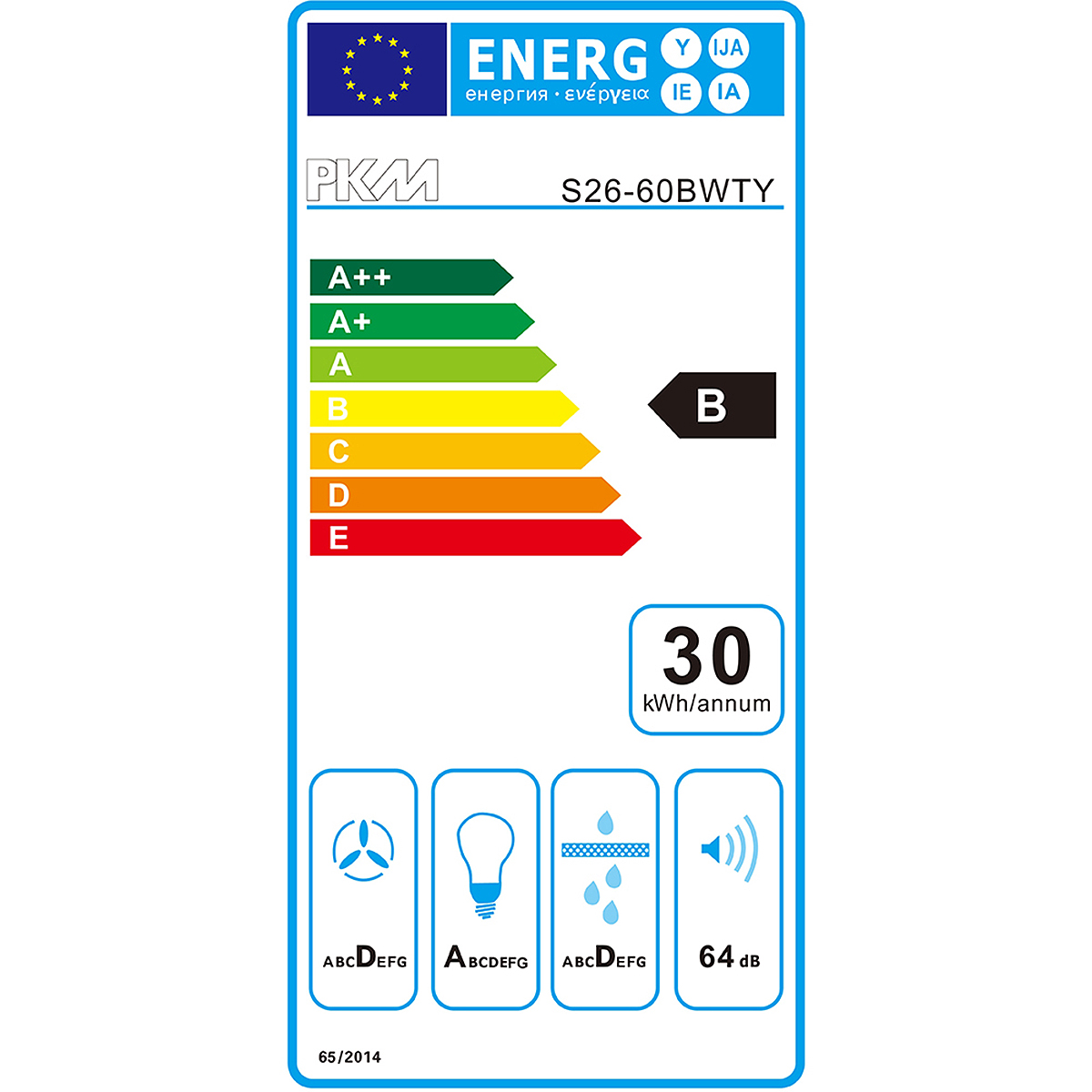 Energieeffizienz-Label. Zeigt Bewertungen A++ bis E, mit Schlüsselsymbolen und Daten.