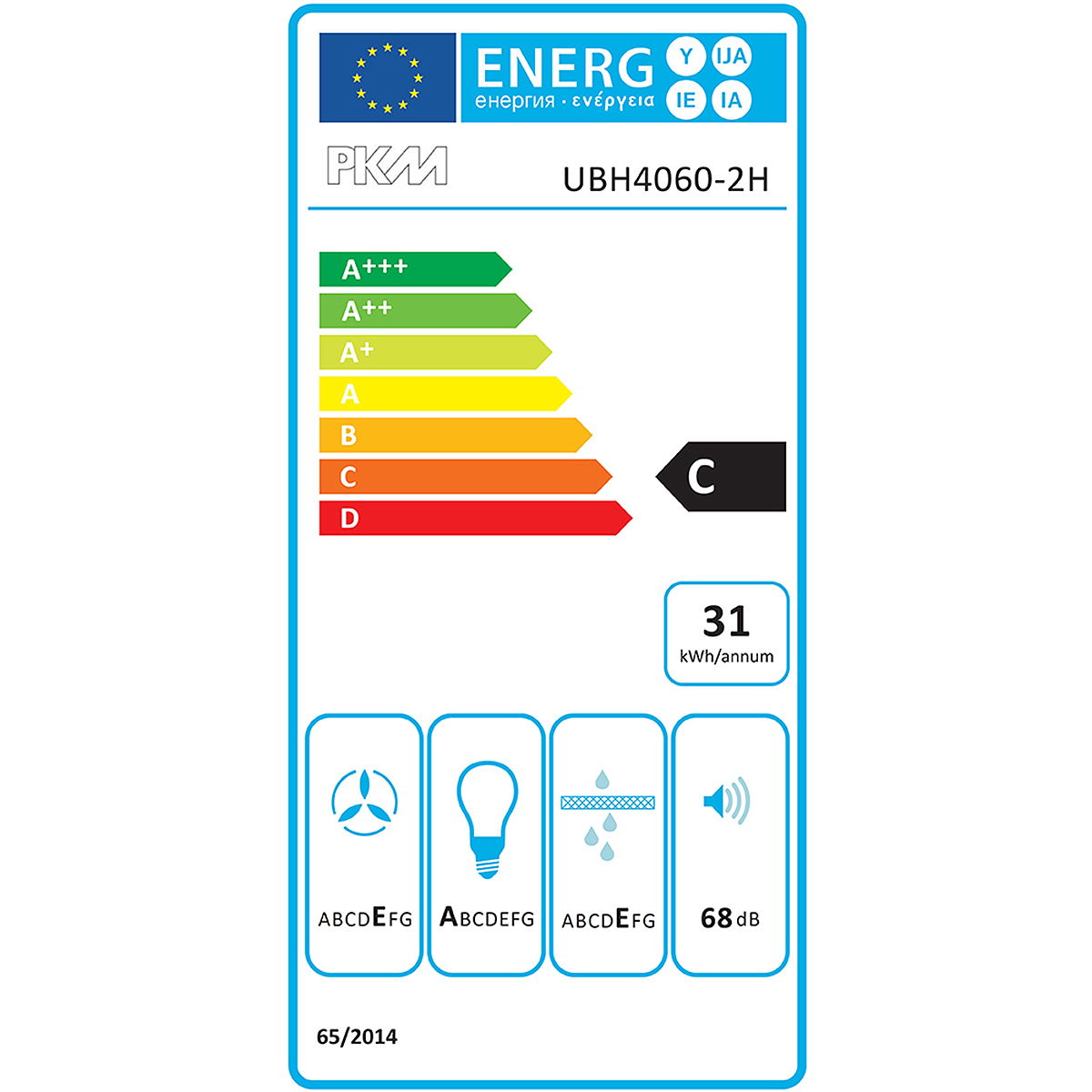 Energielabel mit Angaben zu Effizienz und Energieverbrauch eines Geräts.