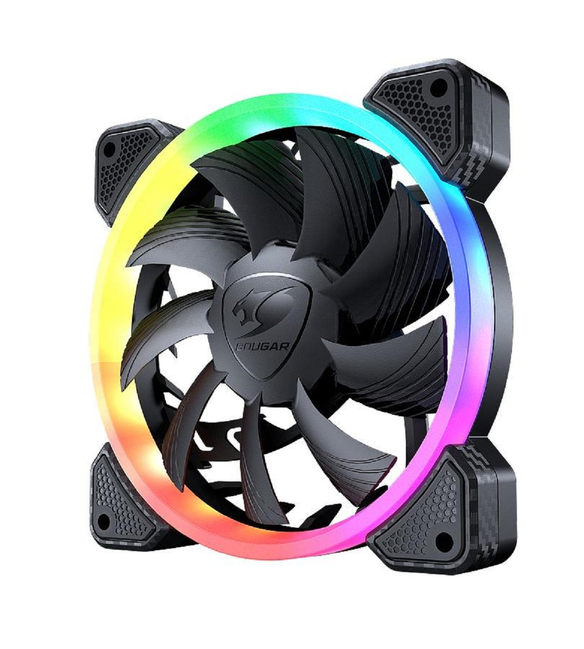 Ein Computerlüfter mit einem Ring aus bunten Lichtern. Er ist schwarz und hat Flügel.