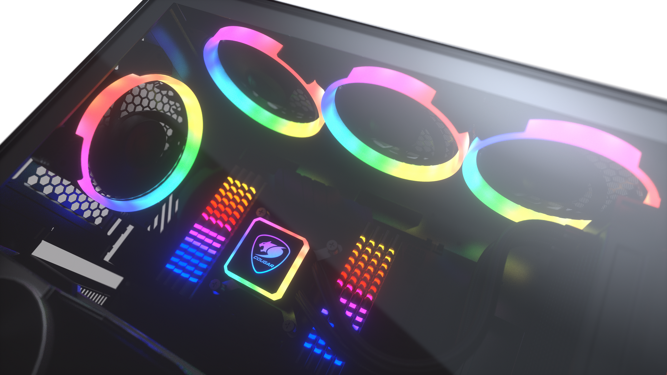 Computergehäuse mit leuchtenden RGB-Lüftern und internen Komponenten, die durch die Glasplatte sichtbar sind.