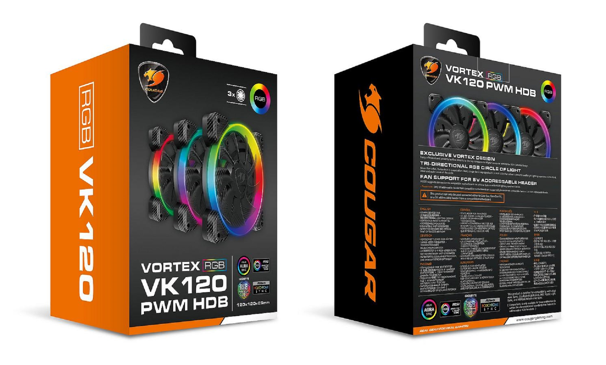 Zwei Kartons mit Lüftern. Ein Karton zeigt Lüfter mit RGB-Beleuchtung. Text auf beiden Kartons in Schwarz und Orange.