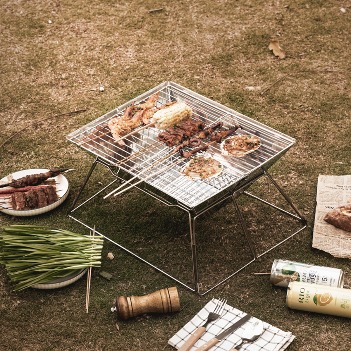 Outdoor-Grill mit Essen: Hähnchen, Mais, Fleisch und mehr, auf einer Wiese.