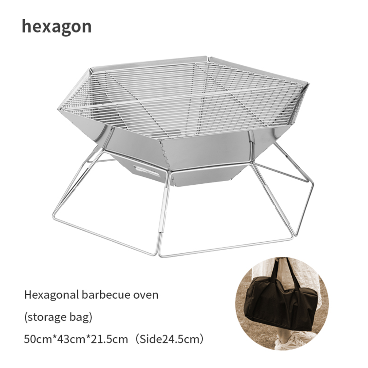 Sechseckiger Grill. Der Ofen ist silberfarben, mit einer Aufbewahrungstasche rechts unten.