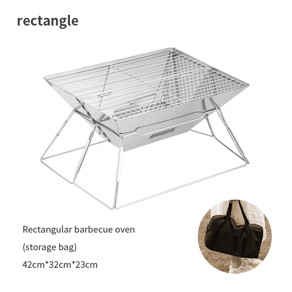 Ein rechteckiger Grillofen. Eine Aufbewahrungstasche rechts. Weißer Hintergrund.
