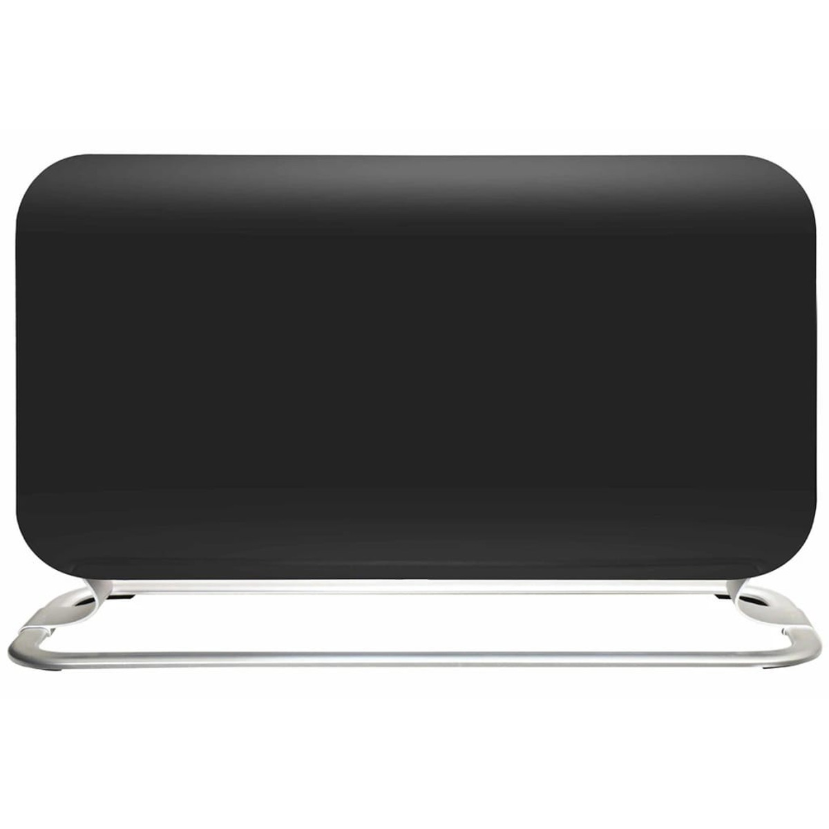 Un calefactor negro, rectangular, minimalista con base cromada sobre fondo blanco.
