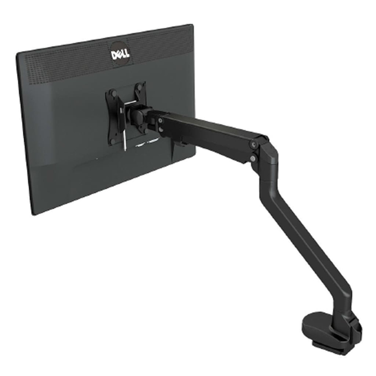 Zwarte monitor op een zwarte en zilveren beweegbare arm, bevestigd aan een voet.