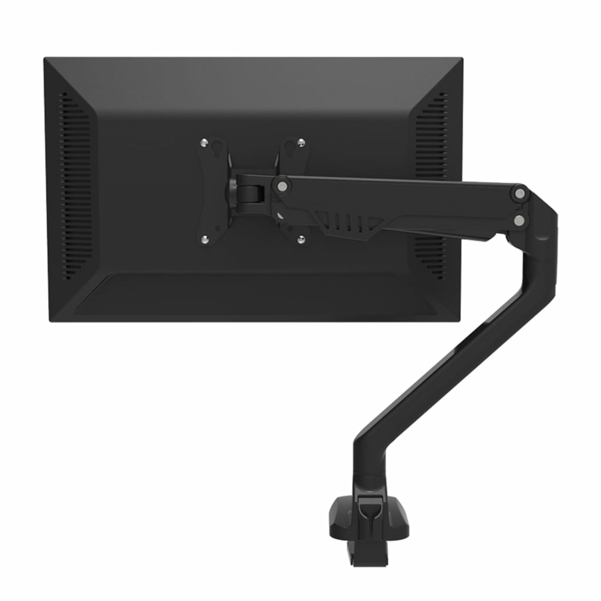 De achterkant van een zwarte computermonitor, gemonteerd op een zwarte verstelbare arm, tegen een witte achtergrond.